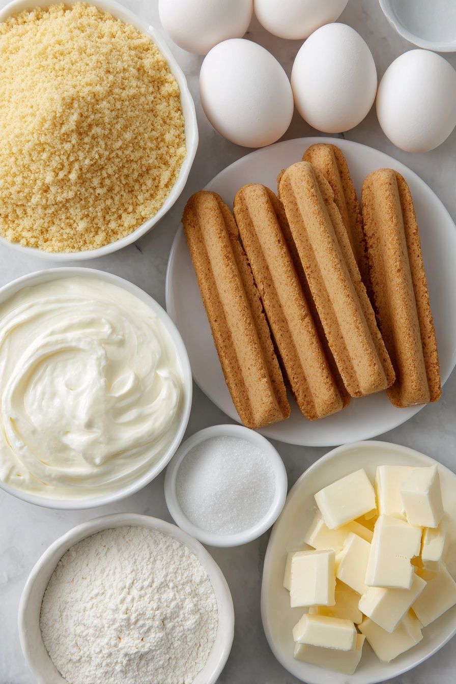 Flat lay of finely crushed golden Oreo crumbs in a small white ceramic bowl, a few rectangular Little Debbie Christmas Tree Cakes arranged neatly on a white plate, four large whole eggs with clean shells placed symmetrically, a small white bowl holding smooth white cream cheese, a small white bowl filled with granulated sugar, a small white bowl with all-purpose flour, a small white bowl of rich sour cream, another small white bowl with heavy cream, small chunks of fresh white chocolate on a simple white dish, a small white bowl containing vivid red decorating icing, and a small white bowl with bright green sprinkles, all ingredients fresh and natural, arranged with perfect symmetry and balanced proportions, placed on a clean white marble surface, soft natural light, photo taken with an iPhone, professional food photography style, fresh ingredients, white ceramic bowls, no bottles, no duplicates, no utensils, no packaging --ar 2:3 --v 7 --p m7354615311229779997 - Christmas Tree Cheesecake with Little Debbie Cakes, festive cheesecake recipe, holiday dessert ideas, Christmas centerpiece dessert, easy holiday cheesecake