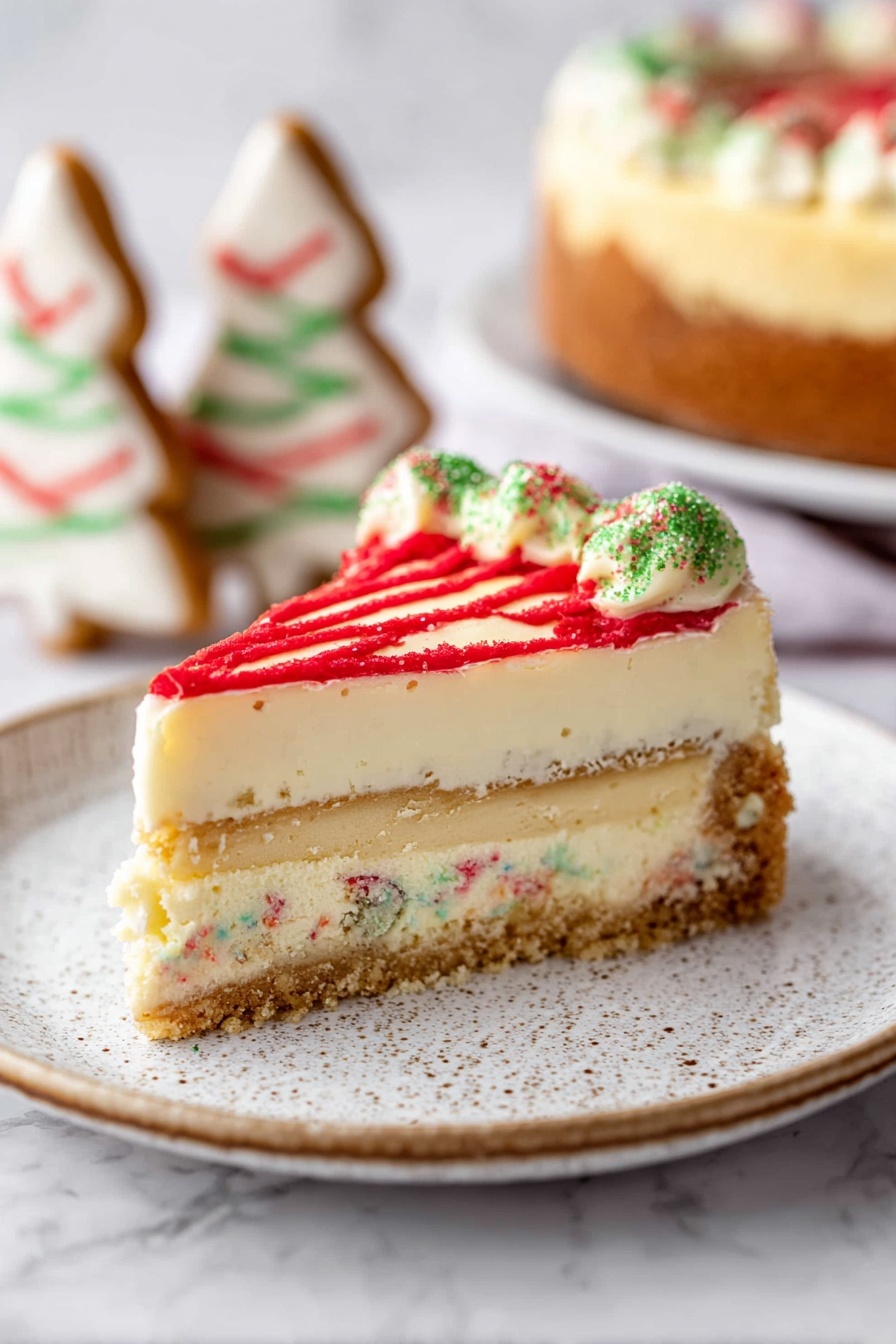 A round cake with a light green top layer, covered with thin wavy red lines evenly spaced across the surface. Small green sprinkles are scattered over the entire top. The cake has a single slice removed, showing a light brown crust at the bottom and the pale green layer above it. The cake sits on a white plate placed on a white marbled surface. A woman's hand is gently holding the edge of the missing slice. Photo taken with an iphone --ar 2:3 --v 7 - Christmas Tree Cheesecake with Little Debbie Cakes, festive cheesecake recipe, holiday dessert ideas, Christmas centerpiece dessert, easy holiday cheesecake