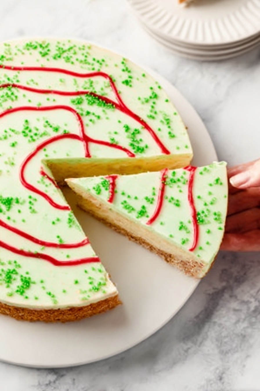 A slice of layered cheesecake sits on a white speckled plate with a textured rim, placed on a white marbled surface. The cheesecake has three main layers: a bottom thin golden brown crust, a middle light beige cake-like layer with small colorful sprinkles, and a thick creamy off-white top layer. Bright red frosting lines curve along the top surface, accented with tiny green sprinkles. In the blurred background, two white Christmas tree-shaped cookies decorated with red and green icing stand upright behind the plate. Photo taken with an iphone --ar 2:3 --v 7 - Christmas Tree Cheesecake with Little Debbie Cakes, festive cheesecake recipe, holiday dessert ideas, Christmas centerpiece dessert, easy holiday cheesecake