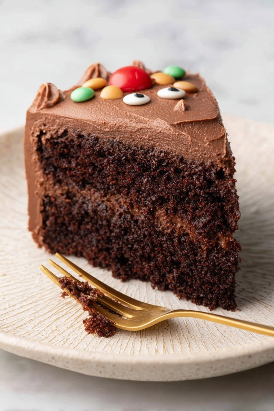 The image shows a single slice of chocolate cake on a white plate with a textured surface. The cake has two layers of dark, moist chocolate sponge and a thick layer of smooth chocolate frosting on top. The frosting layer is decorated with candy pieces resembling eyes and a red nose, creating a face-like design. A gold fork rests on the plate near the cake slice, with a bit of cake on its tines. The background is a white marbled texture. photo taken with an iphone --ar 2:3 --v 7 - Chocolate Orange Reindeer Cake, festive holiday cake, easy Christmas dessert, holiday reindeer cake recipe, chocolate orange dessert