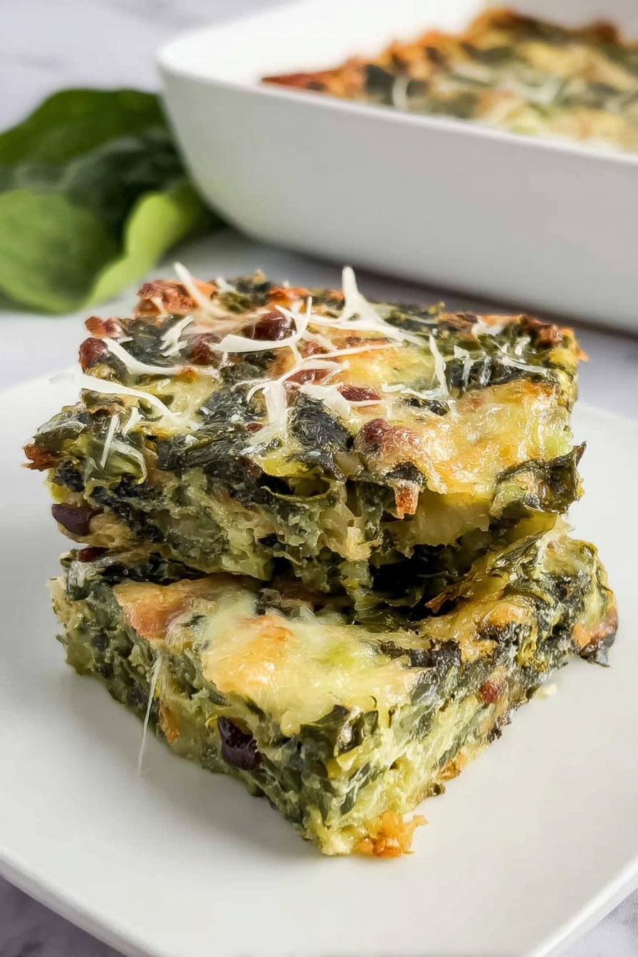 Two thick squares of green vegetable bake are on a white plate, stacked slightly with one piece leaning on the other. The bake shows layers of cooked leafy greens mixed with melted cheese that has formed a lightly browned top layer with some scattered cheese shreds. The texture looks soft and dense with bits of darker greens and small brown spots from baking. In the background, there is a hint of fresh green leaves and a white rectangular baking dish on a white marbled surface. photo taken with an iphone --ar 2:3 --v 7 - Spinach Mushroom Breakfast Casserole, healthy breakfast casserole, easy morning casserole, veggie breakfast bake, savory breakfast dish