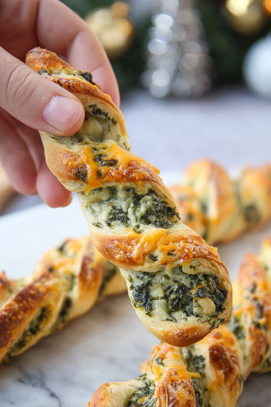 A close-up shows a woman's hand holding a twisted breadstick with two main layers: a golden brown baked dough layer wrapped around a green spinach and cheese filling that appears creamy and textured, with specks of melted yellow cheese on top. In the background, more twisted breadsticks lay together on a white marbled surface, showing the same twisted golden and green pattern. The setting includes blurred festive decorations in soft focus. photo taken with an iphone --ar 2:3 --v 7 - Christmas Spinach Dip Breadsticks, festive spinach dip appetizers, holiday breadstick recipes, Christmas appetizer ideas, easy holiday party snacks
