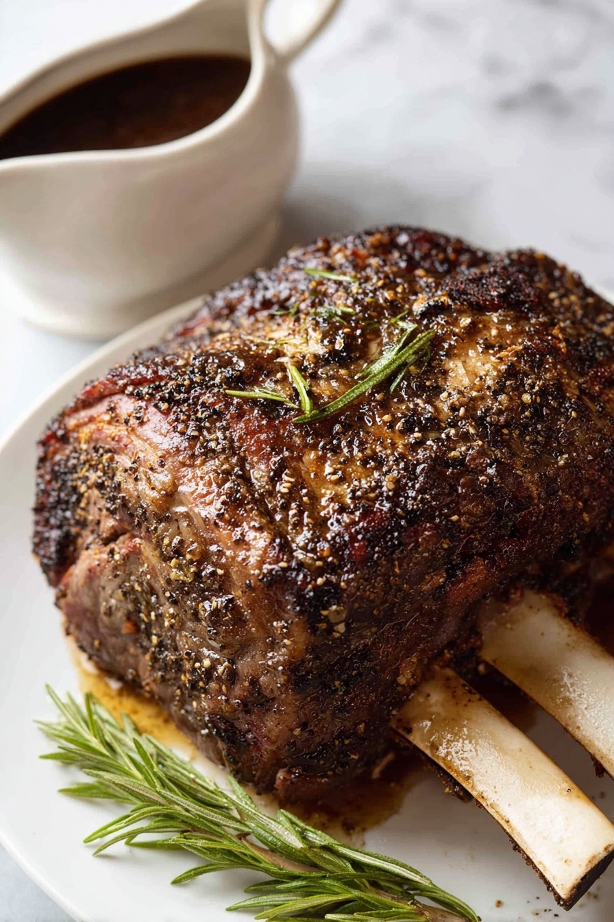 A large roasted piece of meat with a dark, crispy, peppery crust sits at the center of a white plate. The meat has two white bones visible at the bottom right, with a green rosemary sprig laid across its front. To the left of the meat, a white ceramic gravy boat holds dark brown sauce. The background is a white marbled surface. Photo taken with an iphone --ar 2:3 --v 7 - Perfect Prime Rib Roast, prime rib roast recipe, juicy prime rib, tender prime rib, holiday prime rib