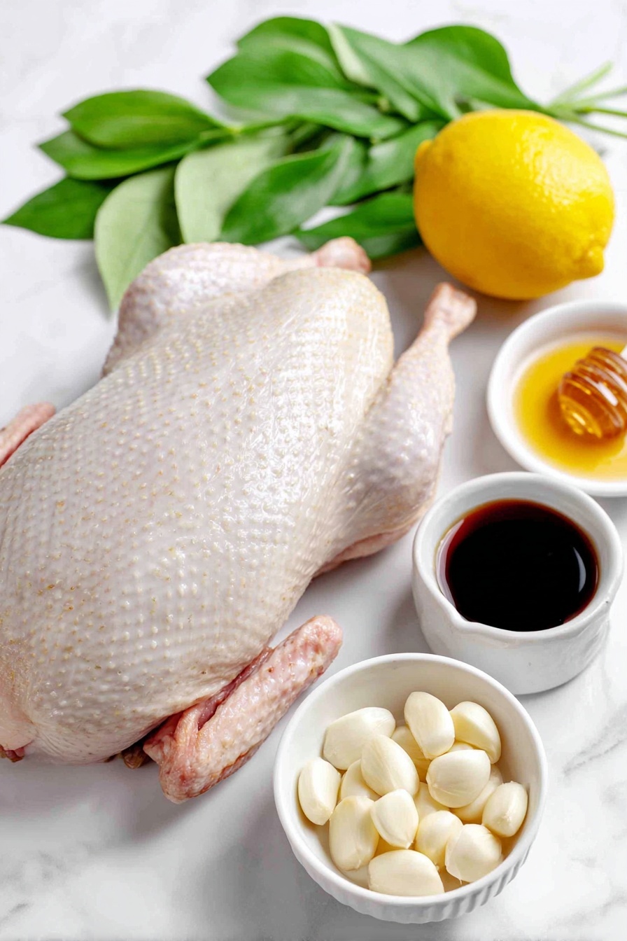 Flat lay of a whole fresh Pekin duck with glossy skin, five peeled garlic cloves chopped and arranged neatly, one small lemon cut into wedges, one whole lemon with a bright yellow peel and fresh green leaves, a small white ceramic bowl of deep amber honey, and a small white ceramic bowl filled with dark balsamic vinegar, placed on a clean white marble surface, soft natural light, photo taken with an iPhone, professional food photography style, fresh ingredients, white ceramic bowls, no bottles, no duplicates, no utensils, no packaging --ar 2:3 --v 7 --p m7354615311229779997 - Honey Balsamic Roast Duck, Roast Duck with Honey Balsamic Glaze, Crispy Roast Duck Recipe, Juicy Roast Duck, Elegant Duck Dinner