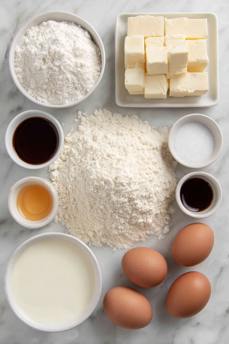 Flat lay of a small mound of fine white cake flour, a small white ceramic bowl with white baking powder powder, a small white ceramic bowl with fine white salt, a small white ceramic bowl filled with sparkling white granulated sugar, a few cubes of pale yellow unsalted butter, a small white ceramic bowl of clear vegetable oil, three large brown eggs with smooth uncracked shells, two bright yellow egg yolks in a small white ceramic bowl, a small white ceramic bowl with pale amber vanilla extract, a small white ceramic bowl filled with deep amber dark rum, a small white ceramic bowl of creamy whole milk, placed on a clean white marble surface, soft natural light, photo taken with an iPhone, professional food photography style, fresh ingredients, white ceramic bowls, no bottles, no duplicates, no utensils, no packaging --ar 2:3 --v 7 --p m7354615311229779997 - Moist Rum Cake, boozy rum cake, easy rum cake recipe, moist cake with rum, best rum dessert
