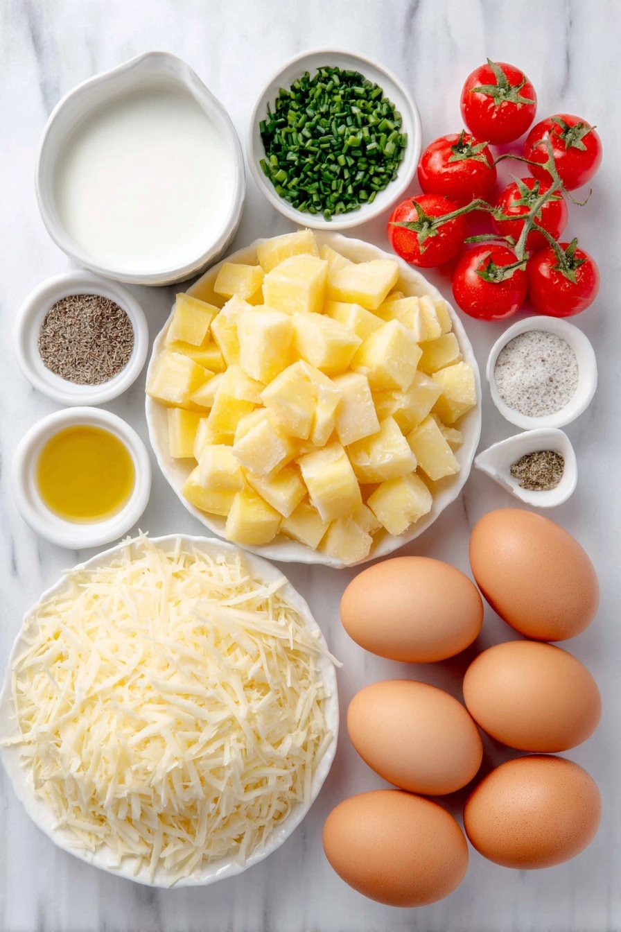 Flat lay of three medium peeled and diced Yukon Gold potatoes, one medium diced onion, a bunch of minced chives, four tablespoons of chiffonade basil, a small mound of grated Pecorino Romano cheese, eight whole uncracked brown eggs, a small white ceramic bowl of milk, two small white ceramic bowls of olive oil, a small white ceramic bowl of salt, a small white ceramic bowl of pepper, and a white ceramic plate with halved cherry tomatoes, all arranged symmetrically on a clean white marble surface, soft natural light, photo taken with an iPhone, professional food photography style, fresh ingredients, white ceramic bowls, no bottles, no duplicates, no utensils, no packaging --ar 2:3 --v 7 --p m7354615311229779997 - Potato and Egg Frittata with Cherry Tomatoes, easy potato egg frittata, breakfast frittata recipe, healthy egg and potato dish, one-pan veggie breakfast