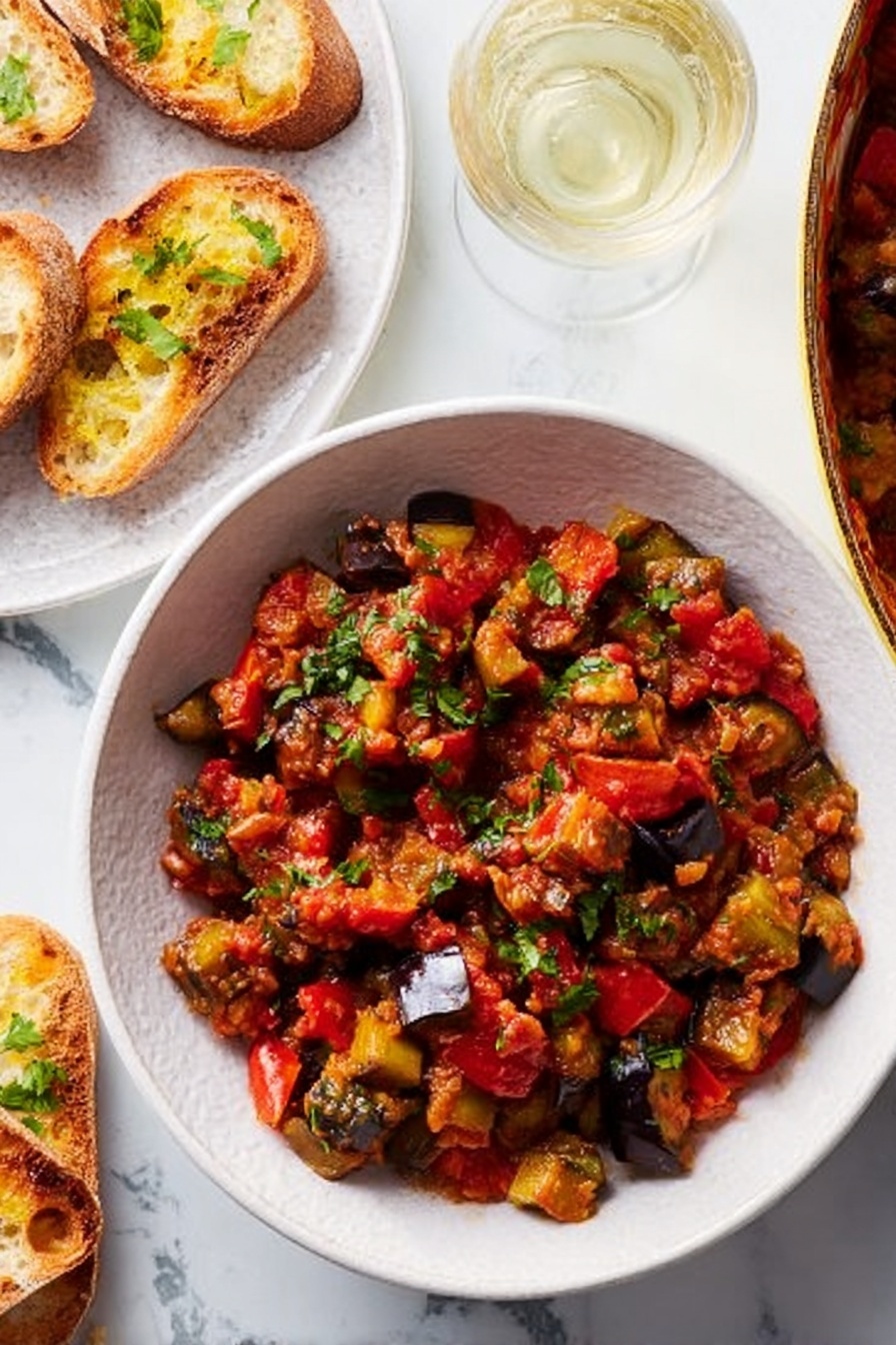 A white bowl filled with a colorful vegetable stew mainly made of small, chunky pieces of cooked eggplants, red bell peppers, and tomatoes, all mixed in a thick, red sauce with visible green herb bits sprinkled on top. To the bottom left, a white plate holds toasted bread topped with some of the same vegetable stew, showing golden brown toasted edges and pieces of the stew’s vegetables on it. Nearby, a clear glass partially filled with a light-colored drink sits on a white marbled surface, which serves as the background for the entire scene. photo taken with an iphone --ar 2:3 --v 7 - Eggplant Caponata with Basil, Mediterranean Eggplant Appetizer, Easy Eggplant Dip, Vegan Eggplant Side Dish, Healthy Eggplant Recipes