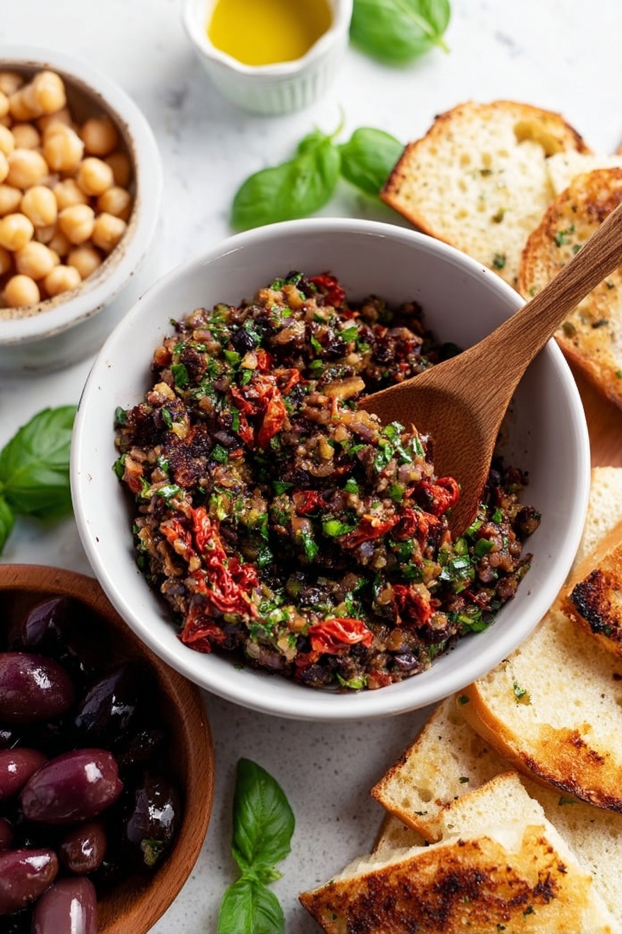 The dish is served in a white bowl filled with a chunky mix of black and green chopped olives, small pieces of red sun-dried tomatoes, and sprinkled with green herbs on top. A wooden spoon is partially placed inside the bowl, resting on the edge with some of the mix on it. Around the bowl, there is white flatbread, slices of toasted bread with a light golden brown crust, a small white bowl of chickpeas, and a wooden bowl with dark olives. Fresh green basil leaves are placed on a white marbled surface under everything. Photo taken with an iphone --ar 2:3 --v 7 - Olive Tapenade, Mediterranean spread, quick appetizer, flavorful olive spread, homemade tapenade
