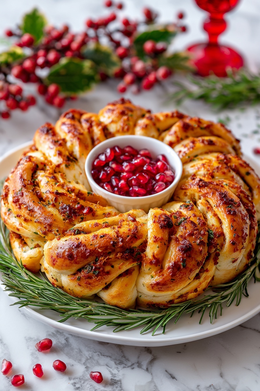 A spiral-shaped braided bread with a golden-brown crust twisted in layers, showing hints of darker toasted spots and spices. The bread forms concentric rings around a small white bowl full of bright red pomegranate seeds at the center. Fresh green rosemary sprigs surround the bread on the white plate, with a few scattered pomegranate seeds on the plate. The plate sits on a white marbled surface with festive red berries and green leaves nearby, and a red stemmed glass in the background. photo taken with an iphone --ar 2:3 --v 7 - Twisted Pizza Wreath without Puff Pastry, easy savory appetizer, cheesy tomato puff pastry wreath, quick party snack, flavorful baked appetizer