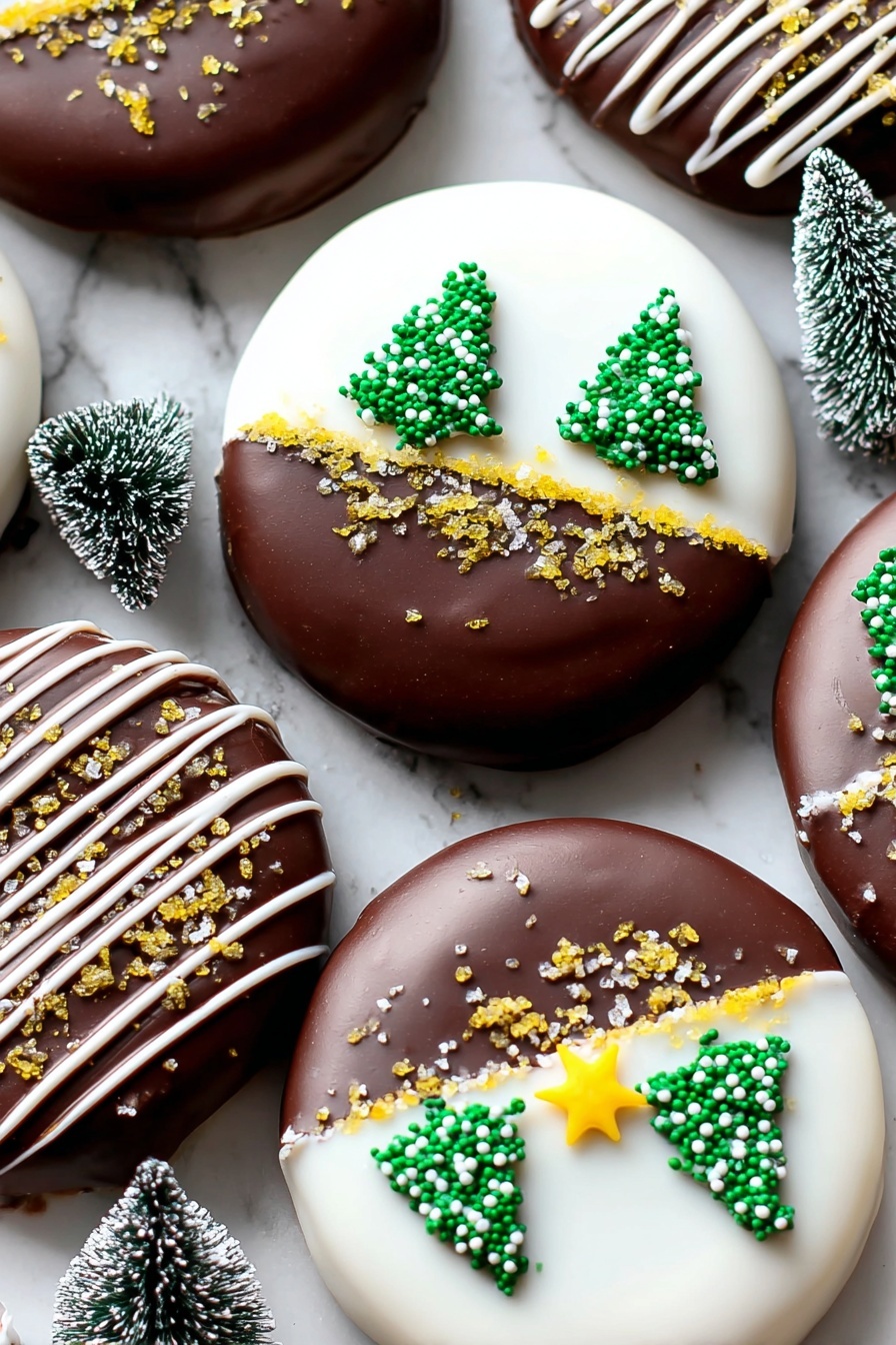 The image shows round cookies with two main designs on a white marbled surface. One cookie has a half layer of smooth white icing at the bottom and the top half covered in smooth dark brown chocolate. On the white part, there are three small green tree-shaped decorations with white spots. Above them on the chocolate side, there is a small bright yellow star decoration near the center top of the cookie. Another cookie design is all covered in dark brown chocolate with white and milk chocolate drizzle stripes and sprinkled with coarse yellow sugar on top. Small green Christmas tree decorations dusted with white powder surround the cookies, set on a white marbled surface. Photo taken with an iphone --ar 2:3 --v 7 - Chocolate Dipped Oreos Winter Treat, festive Oreo desserts, holiday cookie ideas, easy winter desserts, chocolate-covered Oreo treats