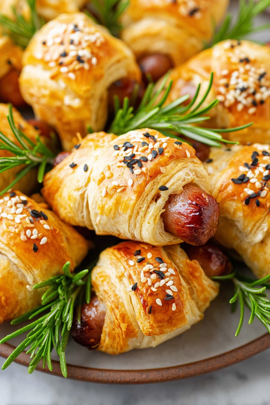 The image shows several small sausages wrapped in golden brown, flaky pastry, each sprinkled with white and black sesame seeds. The pastries are arranged closely together on a round white plate, with fresh green rosemary sprigs placed in between and around them, adding a touch of freshness and color contrast. The plate sits on a white marbled surface that brightens the overall look. The pastry layers have a crispy texture with some visible baked ridges, and the sausages peek out slightly from one end of each roll, showing a shiny, smooth brown surface. Photo taken with an iphone --ar 2:3 --v 7 - Pigs in a Blanket Wreath, holiday appetizer ideas, festive party snacks, easy appetizer recipes, appetizer wreath