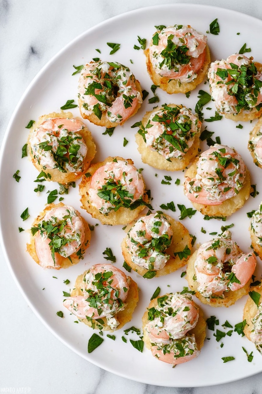 A white plate holds several small round pieces of golden brown cake as the base layer. On top of each cake is a pink shrimp, slightly curled with a soft texture. The shrimp are sprinkled with finely chopped green herbs that also scatter across the plate. The plate is set on a white marbled surface. photo taken with an iphone --ar 2:3 --v 7 - Shrimp and Grits Bites, shrimp and grits appetizer, Southern shrimp bites, mini shrimp and grits, easy shrimp appetizers