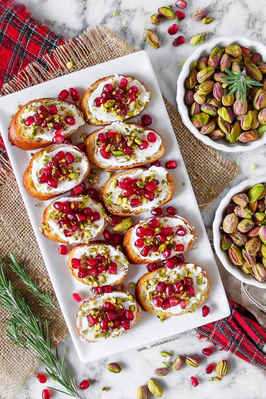 A white rectangular plate sits on a white marbled surface with a piece of burlap and a red plaid cloth underneath. On the plate there are ten slices of toasted light brown bread, each topped with a thick white spread, bright red pomegranate seeds scattered on top, and chopped green pistachios sprinkled over. To the right, there are two white round bowls filled with whole pistachios and pomegranate seeds, with a sprig of green rosemary resting on the bowl with the pomegranate seeds. Some loose pistachios and pomegranate seeds are scattered around on the surface. photo taken with an iphone --ar 2:3 --v 7 - Pistachio Pomegranate Crostini Appetizer, holiday appetizer ideas, easy party appetizers, festive crostini recipes, gourmet snack recipes