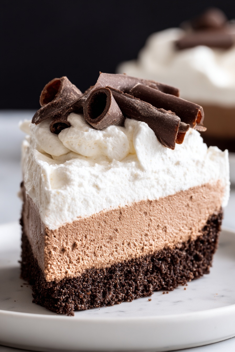 A close-up image of a three-layer slice of dessert on a white plate with a white marbled background. The bottom layer is a dark brown, crumbly crust with a rough texture. The middle layer is thick, smooth, and light brown in color, resembling mousse. The top layer is a fluffy, white cream piled generously with three dark brown chocolate curls placed on top. Photo taken with an iphone --ar 2:3 --v 7 - French Silk Pie with Oreo Crust and Chocolate Filling, chocolate silk pie, Oreo crust pie, decadent chocolate dessert, easy chocolate pie recipe