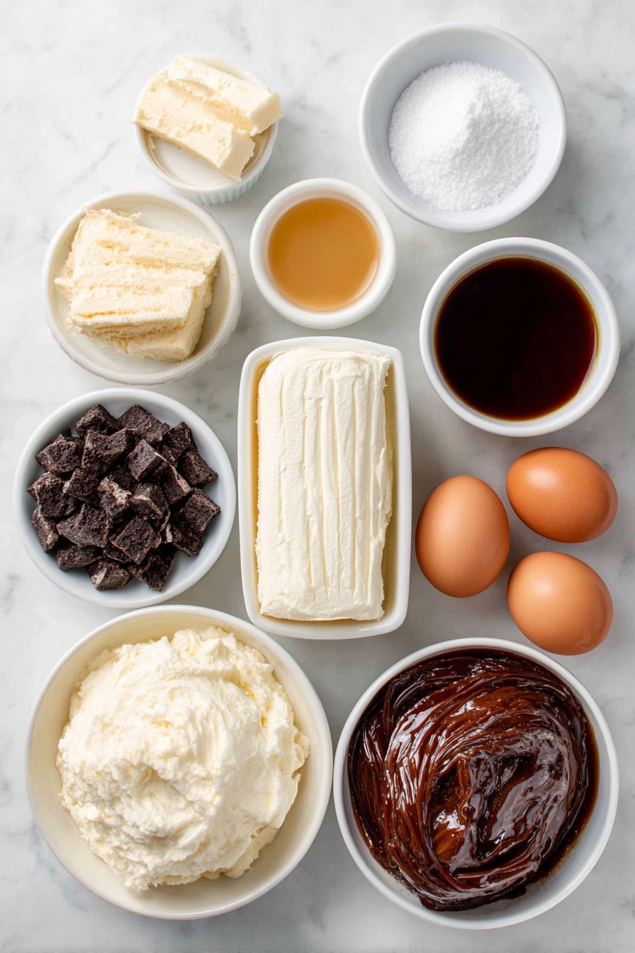 Flat lay of a block of full-fat cream cheese softened to a smooth texture, a round tub of mascarpone cheese at room temperature with a creamy surface, a small white ceramic bowl filled with fine confectioners’ sugar, a small white bowl containing glossy prepared caramel sauce, a small white bowl with pale golden vanilla extract, a small white bowl of heavy whipping cream still cold with a soft silky texture, a small white bowl with dark rich brewed espresso cooled to room temperature, a neat stack of golden ladyfingers cookies, a small white bowl of crushed dark chocolate Toffee Crunch Oreo cookie pieces, a small white bowl with golden Heath English toffee bits, a small white bowl of thick chocolate fudge sauce, and two whole uncracked brown eggs, all arranged in perfect symmetry on a clean white marble surface, soft natural light, photo taken with an iPhone, professional food photography style, fresh ingredients, white ceramic bowls, no bottles, no duplicates, no utensils, no packaging --ar 2:3 --v 7 --p m7354615311229779997 - Toffee Cheesecake Tiramisu, decadent no-bake dessert, easy cheesecake dessert, coffee and toffee dessert, indulgent layered treat