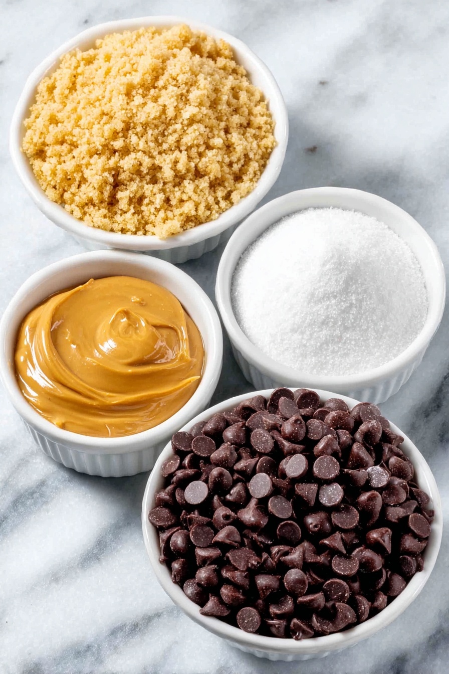 Flat lay of a small white ceramic bowl of melted golden salted butter, a neat pile of golden brown graham cracker crumbs, a small white ceramic bowl filled with fine white confectioners’ sugar, a dollop of smooth creamy peanut butter placed directly on the surface, and a small white ceramic bowl overflowing with glossy semi-sweet chocolate chips, all arranged with perfect symmetry and balanced proportions, placed on a clean white marble surface, soft natural light, photo taken with an iPhone, professional food photography style, fresh ingredients, white ceramic bowls, no bottles, no duplicates, no utensils, no packaging --ar 2:3 --v 7 --p m7354615311229779997 - No-Bake Chocolate Peanut Butter Bars, easy chocolate peanut butter bars, no oven dessert recipes, quick peanut butter bars, homemade chocolate peanut butter bars