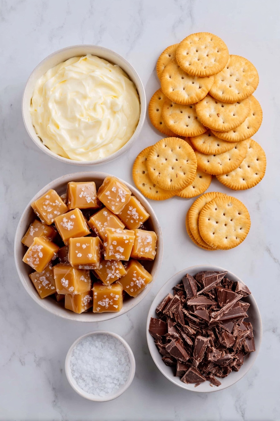Flat lay of soft square caramel candies, small white ceramic bowl of heavy cream, two neat stacks of round Ritz crackers, irregular chunks of glossy dark chocolate almond bark, small white ceramic bowl with coarse sea salt crystals, all arranged in perfect symmetry on a clean white marble surface, soft natural light, photo taken with an iPhone, professional food photography style, fresh ingredients, white ceramic bowls, no bottles, no duplicates, no utensils, no packaging --ar 2:3 --v 7 --p m7354615311229779997 - Salted Caramel Ritz Cookies, Salted Caramel Cookies, Easy Ritz Cookie Recipe, No-Bake Salted Caramel Cookies, Butter Ritz Crackers with Caramel