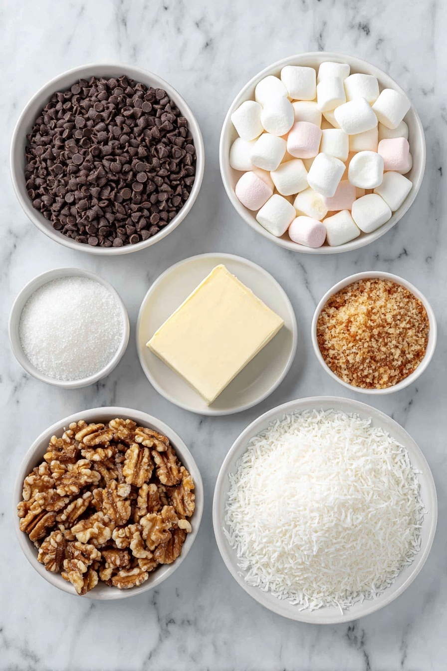 Flat lay of semi-sweet chocolate chips in a small white ceramic bowl, cubed salted butter on a simple white plate, an assortment of pastel marshmallows in a white bowl, toasted chopped walnuts in another white bowl, sweetened shredded coconut spread in a neat pile on a white plate, all arranged with perfect symmetry, placed on a clean white marble surface, soft natural light, photo taken with an iPhone, professional food photography style, fresh ingredients, white ceramic bowls, no bottles, no duplicates, no utensils, no packaging --ar 2:3 --v 7 --p m7354615311229779997 - Church Window Cookies, no-bake cookies, colorful holiday cookies, marshmallow chocolate treats, festive cookie recipes