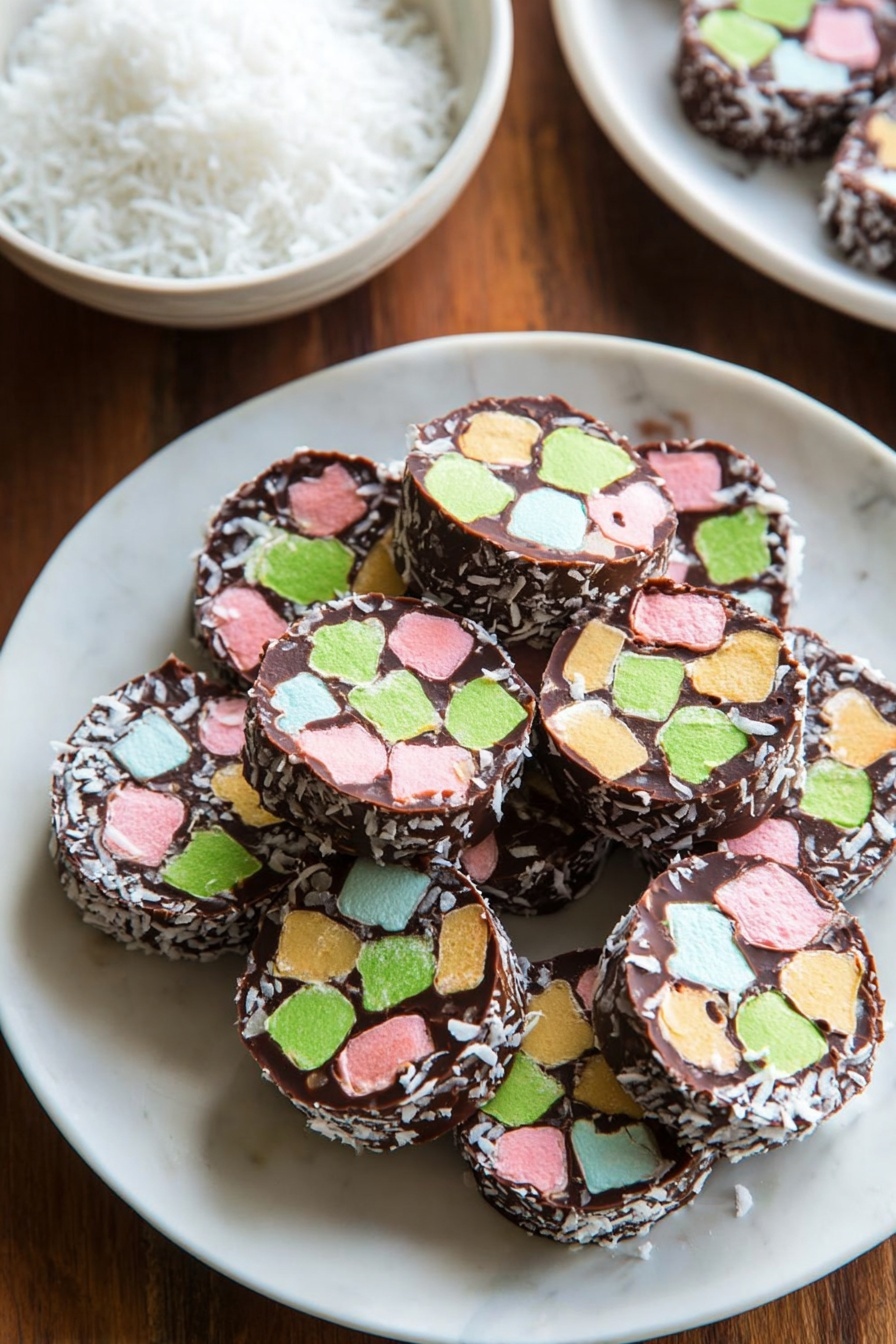 A white plate holds several thick slices of a chocolate dessert filled with pastel-colored marshmallows in green, pink, and yellow hues, creating a mosaic pattern within the dark chocolate base. Each slice is round with a rough texture, and some edges are lightly coated with white coconut flakes. In the top left corner, a white bowl contains fluffy white shredded coconut, while part of another white plate with more dessert slices is visible in the top right. The items are placed on a wooden table with a white marbled surface underneath. photo taken with an iphone --ar 2:3 --v 7 - Church Window Cookies, no-bake cookies, colorful holiday cookies, marshmallow chocolate treats, festive cookie recipes