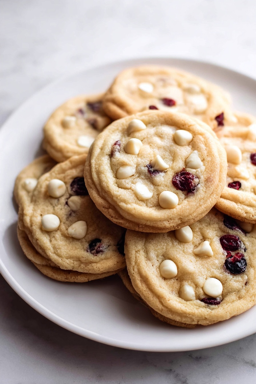 A white plate is piled with about seven round cookies, each about two layers thick. The top layer of the cookies is light golden-brown with a soft and slightly wrinkled texture. Scattered on the surface are white chocolate chips and dark dried cranberries, giving contrast with white and deep red spots on the cookie. The edges of the cookies are slightly darker golden brown and look firmer than the softer inner part. The plate sits on a white marbled surface. photo taken with an iphone --ar 2:3 --v 7 - White Chocolate Cranberry Cookies, festive holiday cookies, easy cookie recipes, no-bake cookies, cranberry white chocolate cookies