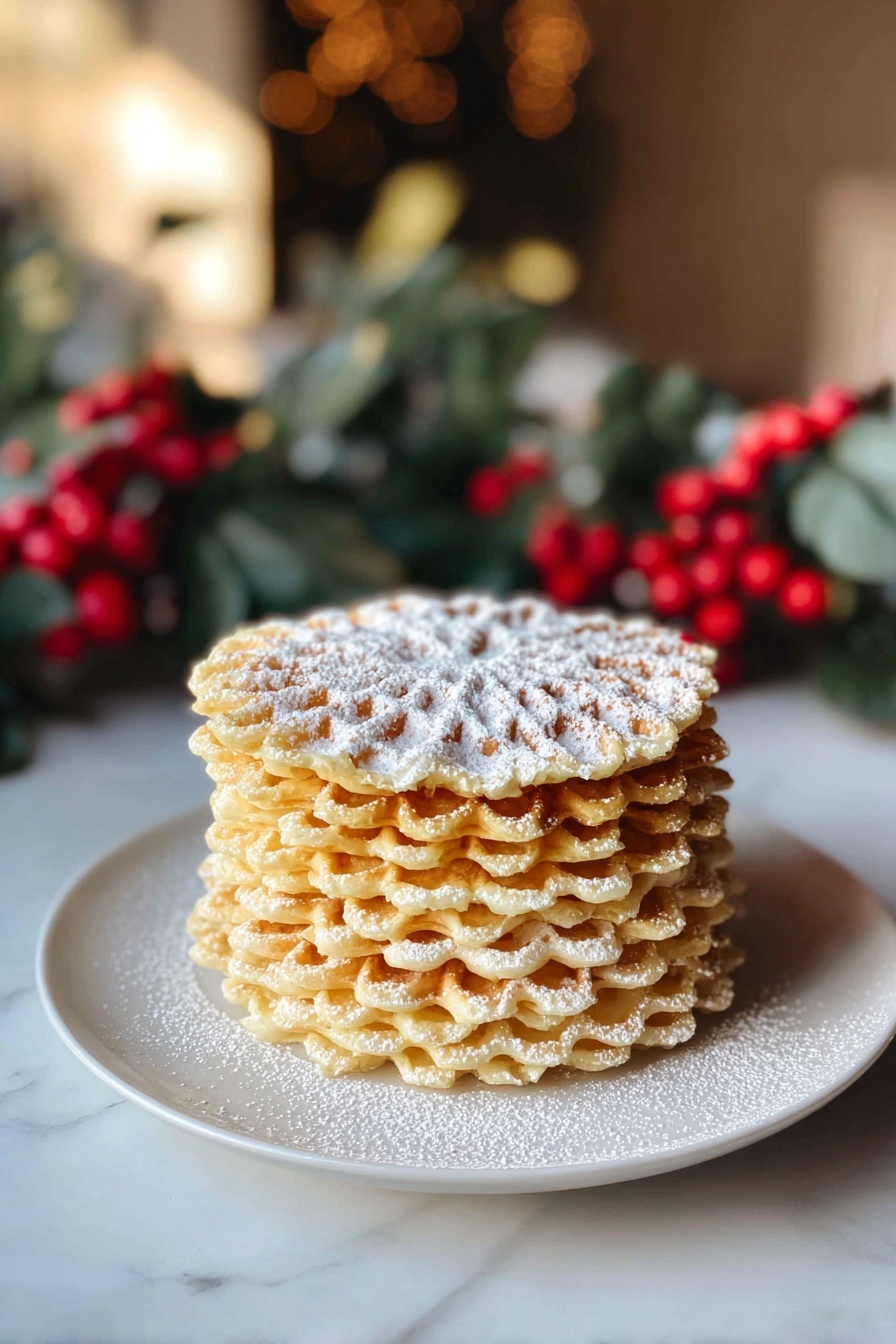 A stack of about twelve thin, round waffles with a light golden color is placed on a white plate. Each waffle has a waffle pattern with scalloped edges and is dusted lightly with white powdered sugar, especially on the top piece. The plate rests on a white marble surface with soft lighting that gives a cozy feel. In the background, there is a blurred bunch of green leaves with bright red berries, adding a festive touch. A woman's hand is not visible but implied nearby. photo taken with an iphone --ar 2:3 --v 7 - Classic Italian Pizzelle Cookie, authentic Italian pizzelle, homemade pizzelle cookies, Italian holiday cookies, crisp waffle cookies