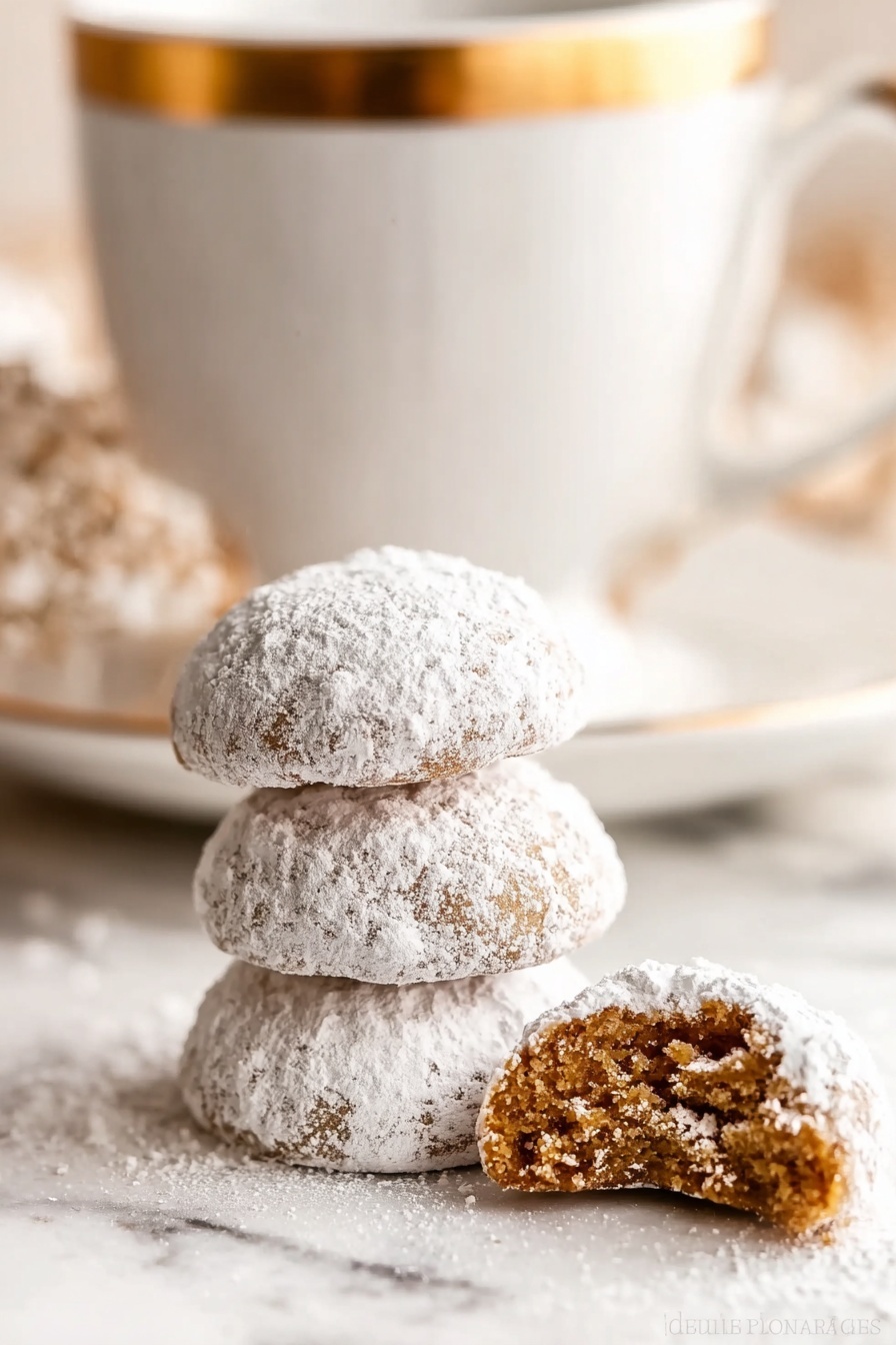 The image shows a stack of three small round cookies covered with white powdered sugar on a white marbled surface. Next to the stack is a cookie with a bite taken out, showing a soft brown inside. In the background, there is a large white cup with a gold rim, slightly blurred to keep focus on the cookies in the front. The overall colors are warm with soft lighting that highlights the powdered sugar and the texture of the cookies. Photo taken with an iphone --ar 2:3 --v 7 - Pfeffernüsse Spice Cookies, German spice cookies, holiday spice cookies, chewy gingerbread cookies, festive cookie recipes