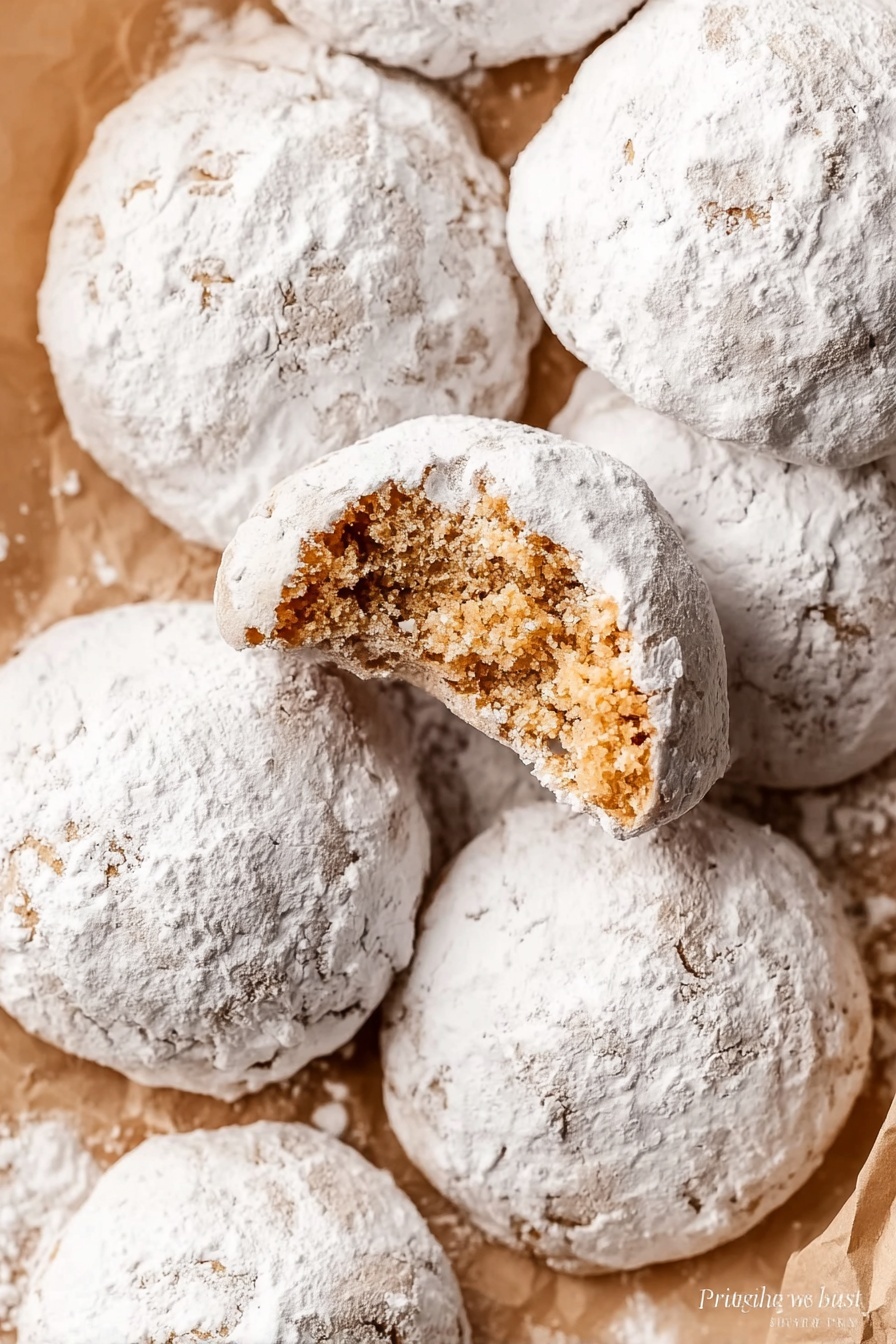 A group of round cookies, all covered in thick white powdered sugar. One cookie in the center has a bite taken out, showing a soft, crumbly, light brown inside. The cookies rest on crumpled light tan paper, all placed on a white marbled surface. The powdered sugar dusts the paper and cookies unevenly, giving a rustic look. Photo taken with an iphone --ar 2:3 --v 7 - Pfeffernüsse Spice Cookies, German spice cookies, holiday spice cookies, chewy gingerbread cookies, festive cookie recipes