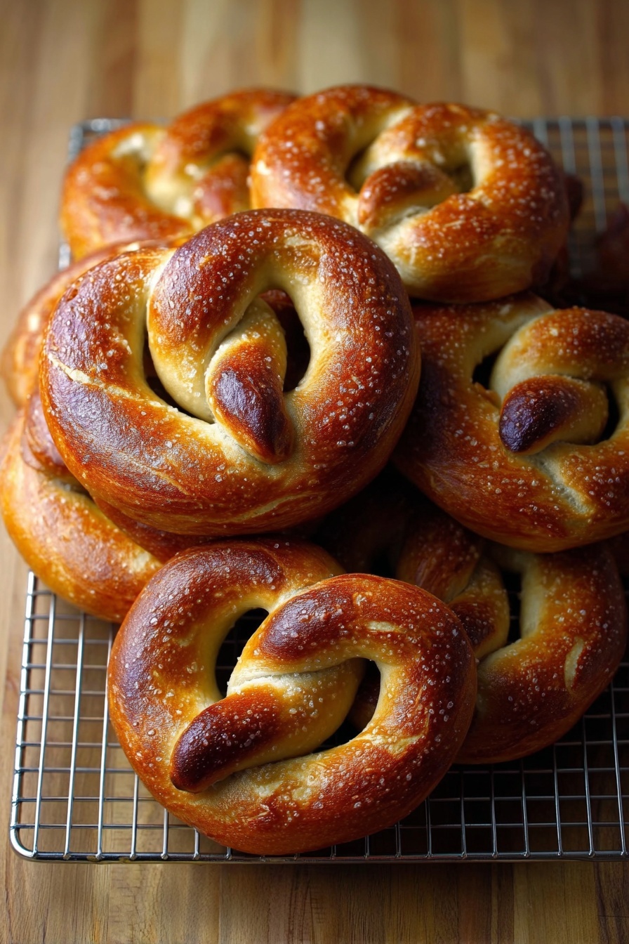 Eight shiny golden brown pretzels with a smooth, slightly bumpy texture are stacked tightly on a silver cooling rack, showing their classic twisted shape with plump loops and twisted ends. The pretzels have a rich, warm color gradient from light golden to darker brown on top. The rack is set on a light wood surface, adding a soft natural touch to the scene. photo taken with an iphone --ar 2:3 --v 7 - Homemade Soft Pretzels, soft pretzels from scratch, easy pretzel recipe, buttery soft pretzels, beginner pretzels