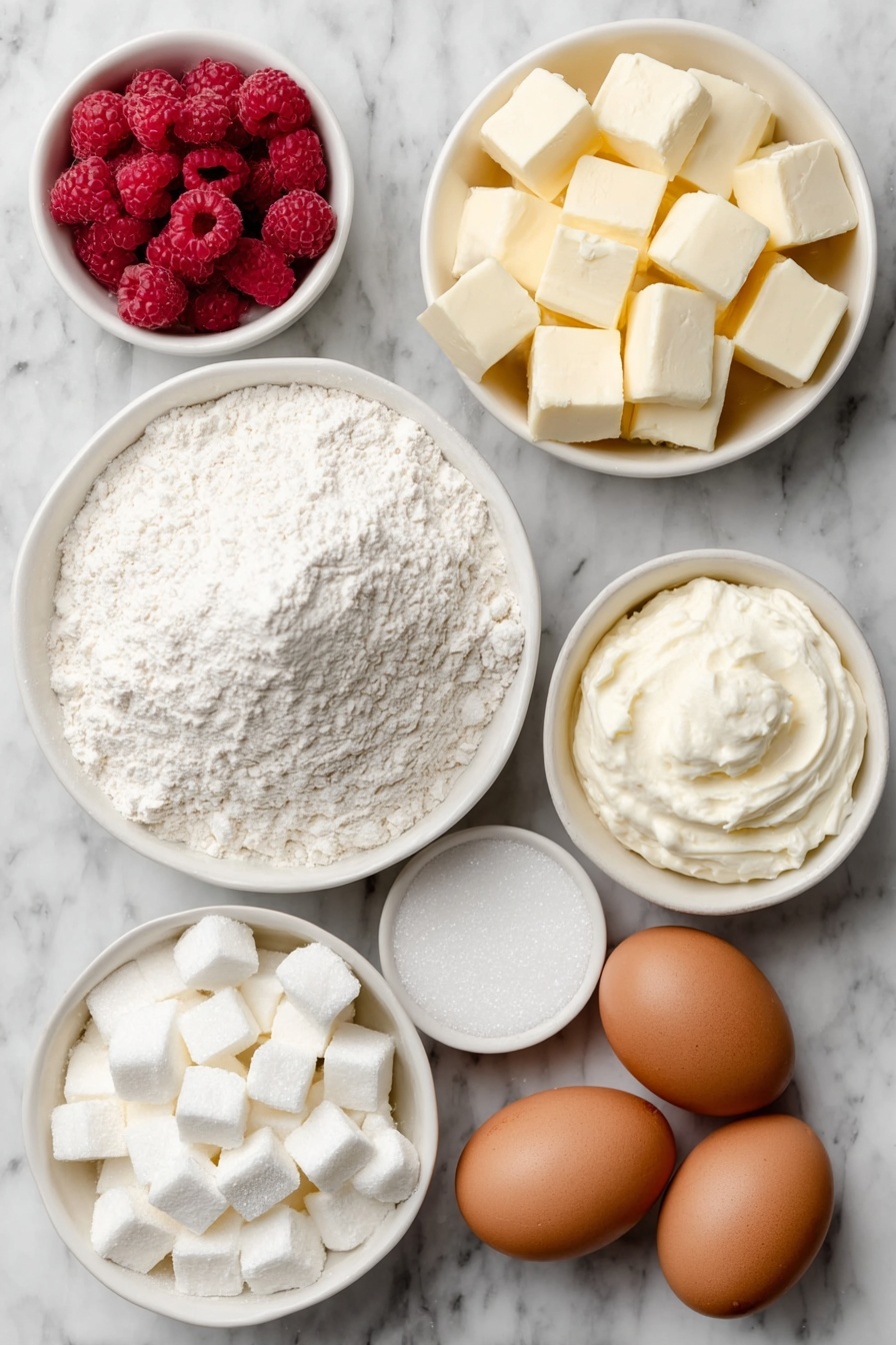 Flat lay of a small mound of all-purpose flour in a simple white ceramic bowl, a small white bowl of granulated sugar, a small white bowl of confectioners' sugar, a few fresh whole raspberries scattered naturally, two large whole brown eggs with clean shells, a small white bowl filled with cold butter cubes, a small white bowl of heavy whipping cream, and a small white bowl with vanilla extract liquid, all ingredients fresh and natural, arranged in perfect symmetry with realistic proportions, placed on a clean white marble surface, soft natural light, photo taken with an iPhone, professional food photography style, fresh ingredients, white ceramic bowls, no bottles, no duplicates, no utensils, no packaging --ar 2:3 --v 7 --p m7354615311229779997 - Easy Raspberry Kuchen, raspberry kuchen dessert, quick raspberry tart, simple raspberry cake, berry kuchen recipes