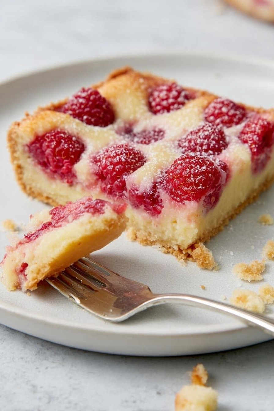 A square slice of raspberry tart is on a white plate, its top layer golden and studded with whole raspberries, showing a soft yellow filling beneath. The crust is light brown and crumbly at the bottom, slightly thick and firm. There is a silver fork resting on the plate, holding a bite-sized piece of the tart that reveals the same layers: golden top, red raspberries, creamy filling, and crust. Crumbs are scattered around the plate, all set on a white marbled surface. Photo taken with an iphone --ar 2:3 --v 7 - Easy Raspberry Kuchen, raspberry kuchen dessert, quick raspberry tart, simple raspberry cake, berry kuchen recipes