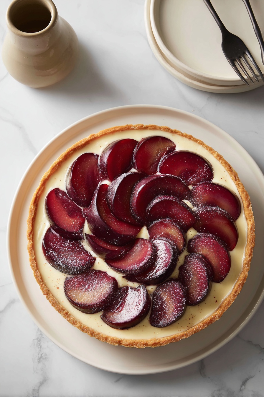A round tart with a golden-brown crust forms the base, topped with a smooth cream layer. On top, thin slices of deep purple plums are arranged in overlapping circles, starting from the outer edge and spiraling inward, creating a flower-like pattern. The plum slices have a shiny texture with a light dusting of white powder on them. The tart sits on a simple white plate, placed on a white marbled surface. Nearby, a white plate with a dark fork and a light brown jar are visible. photo taken with an iphone --ar 2:3 --v 7 - German Plum Tart, easy fruit tart, homemade plum dessert, buttery tart crust, seasonal fruit tart