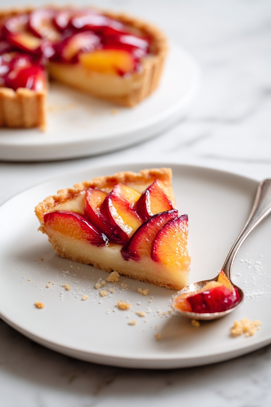 A single slice of fruit tart sits on a white plate with a smooth texture. The tart has two layers: the bottom crust is golden brown, crumbly, and slightly thick, holding a light filling above it. On top, there is a neat layer of thinly sliced red and orange fruit with a shiny, caramelized surface. The slice is partly eaten, with crumbs scattered on the plate, and a silver spoon lies nearby with a small piece of tart on it. In the background, there is the edge of the whole tart on another white plate, and the surface underneath is a white marbled texture. Photo taken with an iphone --ar 2:3 --v 7 - German Plum Tart, easy fruit tart, homemade plum dessert, buttery tart crust, seasonal fruit tart