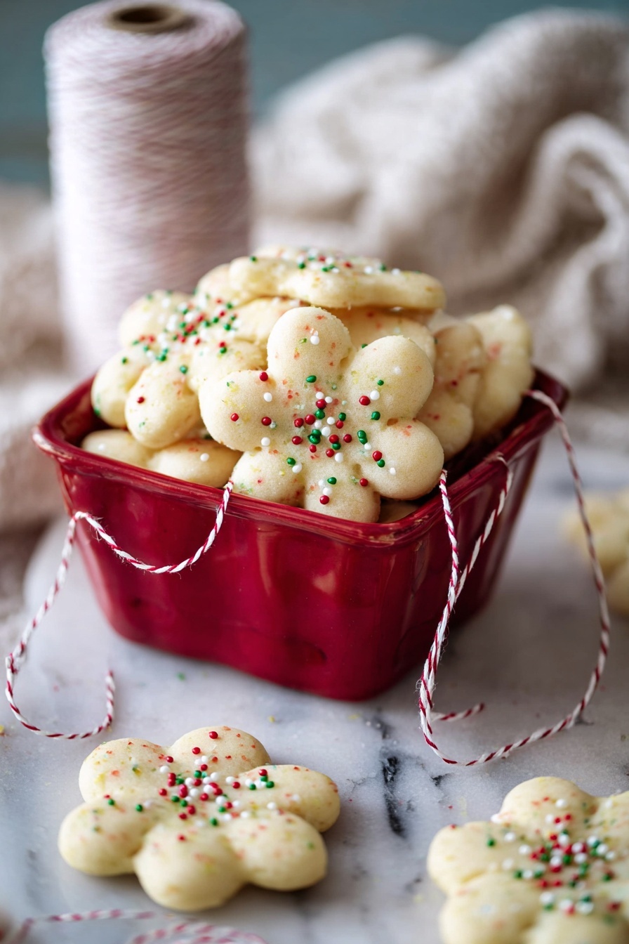 A white marbled surface holds a red square bowl filled with round, flower-shaped sugar cookies that are pale yellow with small red, green, and white round sprinkles scattered over them. Several cookies rest outside the bowl on the white marbled surface, with one cookie in the front tied with a thin white and gold string that trails back into the bowl. In the background, a blurry white spool of string and a soft white cloth add texture to the scene. The image shows a cozy and inviting holiday feel. photo taken with an iphone --ar 2:3 --v 7 - Almond Spritz Cookies, almond spritz cookies recipe, easy spritz cookies, holiday spritz cookies, buttery almond cookies