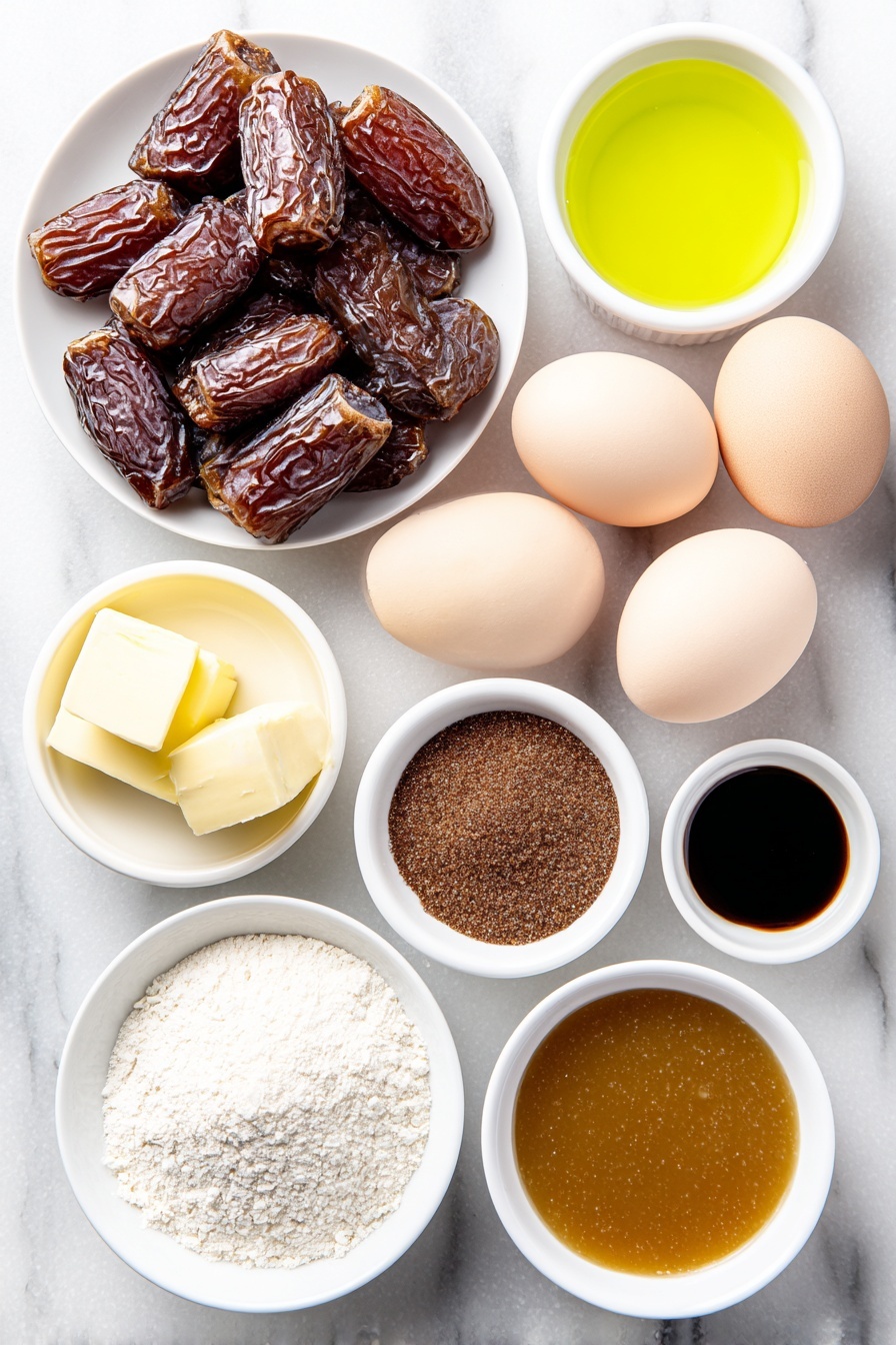 Flat lay of a small pile of roughly chopped pitted medjool dates, a small white bowl of boiling water with steam rising, a small mound of dark brown sugar, a few pats of unsalted butter softened at room temperature, two large whole uncracked eggs with clean shells, a small white bowl of neutral oil, a small white bowl of thick black treacle, a small white bowl of pure vanilla extract, a small pile of all-purpose flour, a small pinch of baking powder, a small pinch of salt, and a small white ceramic bowl of golden homemade English toffee sauce, arranged with perfect symmetry on a clean white marble surface, soft natural light, photo taken with an iPhone, professional food photography style, fresh ingredients, white ceramic bowls, no bottles, no duplicates, no utensils, no packaging --ar 2:3 --v 7 --p m7354615311229779997 - Sticky Toffee Date Pudding, Toffee Sauce, moist date dessert, comforting warm dessert, easy British pudding