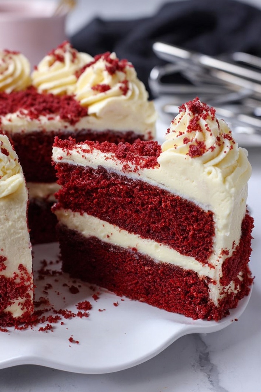 A close-up of a two-layer red cake with deep red, moist texture on the bottom and middle layers, filled with a thick layer of creamy white frosting. The top layer is covered with a generous amount of swirled white frosting, decorated with small crumbs of red cake sprinkled on top. The cake is placed on a white plate with curved edges, and the background shows a soft white marbled surface with a blurred dark cloth and some metal kitchen tools. Photo taken with an iphone --ar 2:3 --v 7 - Red Velvet Cake with Cream Cheese Frosting, best red velvet cake recipe, homemade red velvet cake, easy red velvet cake, creamy cream cheese frosting