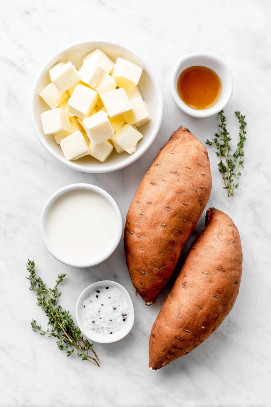 Flat lay of three medium-sized whole sweet potatoes with orange skin, a small white ceramic bowl of unsalted butter cubes, a small white ceramic bowl filled with amber pure maple syrup, a small white ceramic bowl of creamy milk, a small white ceramic bowl of coarse salt crystals, a small white ceramic bowl containing freshly ground black pepper, and a few sprigs of fresh thyme leaves, all arranged symmetrically and balanced, placed on a clean white marble surface, soft natural light, photo taken with an iPhone, professional food photography style, fresh ingredients, white ceramic bowls, no bottles, no duplicates, no utensils, no packaging --ar 2:3 --v 7 --p m7354615311229779997 - Creamy Maple Sweet Potato Mash, sweet potato mash with maple syrup, easy sweet potato side dish, comforting sweet potato recipes, holiday sweet potato sides