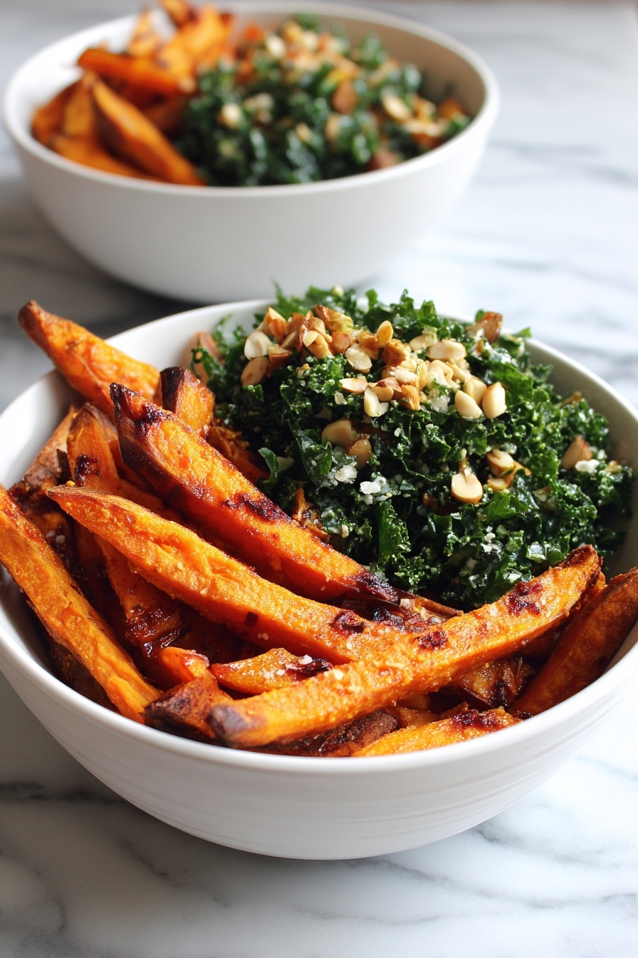 The image shows a close-up of a white bowl filled with two layers of food. The bottom layer is made of bright orange roasted sweet potato fries with slightly crispy and browned edges. On top of the fries, there is a layer of creamy, dark green kale salad mixed with light-colored seeds or nuts for texture. Another similar bowl is blurred in the background on a white marbled surface. photo taken with an iphone --ar 2:3 --v 7 - Avocado Kale Caesar Salad, healthy kale salad with avocado, easy avocado kale salad, nutrient-rich Caesar salad, quick kale salad recipes