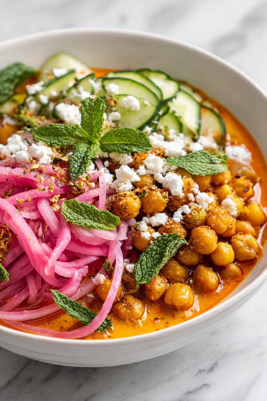 A deep white bowl filled with four visible layers starting with a smooth orange sauce at the bottom, topped with cooked golden brown chickpeas and minced yellow spiced meat. Over them are bright, thin strips of pickled pink onions mixed with green cucumber slices. Sprinkled on top are white crumbles of cheese and fresh green herbs including mint leaves, creating a colorful and textured presentation on a white marbled surface. photo taken with an iphone --ar 2:3 --v 7 - Mediterranean Chicken Bowls, Mediterranean Chicken Bowls with Spiced Feta, easy Mediterranean chicken bowls, quick healthy dinner recipes, flavorful chicken bowls