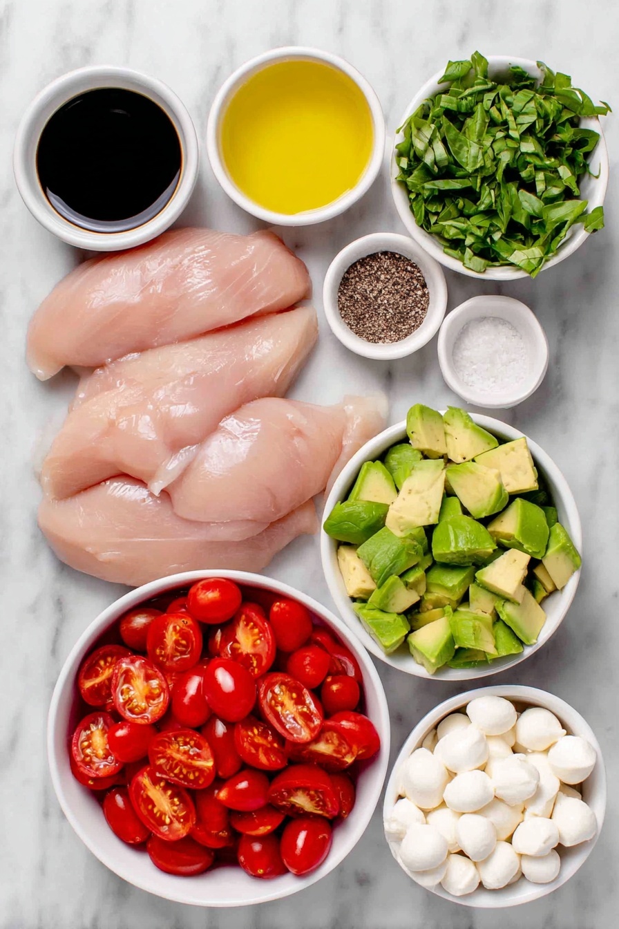 Flat lay of four raw boneless skinless chicken breasts evenly pounded, a small white ceramic bowl of extra virgin olive oil, a small white ceramic bowl with freshly squeezed lemon juice, a small white ceramic bowl of dark glossy balsamic vinegar, a small white ceramic bowl of kosher salt, a small white ceramic bowl of freshly ground black pepper, a white ceramic bowl filled with quartered bright red cherry tomatoes, a diced ripe avocado with vibrant green flesh, a white ceramic bowl with shiny mini mozzarella cheese pearls, a small white ceramic bowl of finely minced fresh bright green basil leaves, two whole small shallots with smooth pale purple skins placed neatly side by side, all arranged in perfect symmetry and balanced proportions, placed on a clean white marble surface, soft natural light, photo taken with an iPhone, professional food photography style, fresh ingredients, white ceramic bowls, no bottles, no duplicates, no utensils, no packaging --ar 2:3 --v 7 --p m7354615311229779997 - Balsamic Chicken with Caprese Salsa, Balsamic Chicken, Caprese Salsa, Easy Chicken Dinner, Elegant Quick Recipes