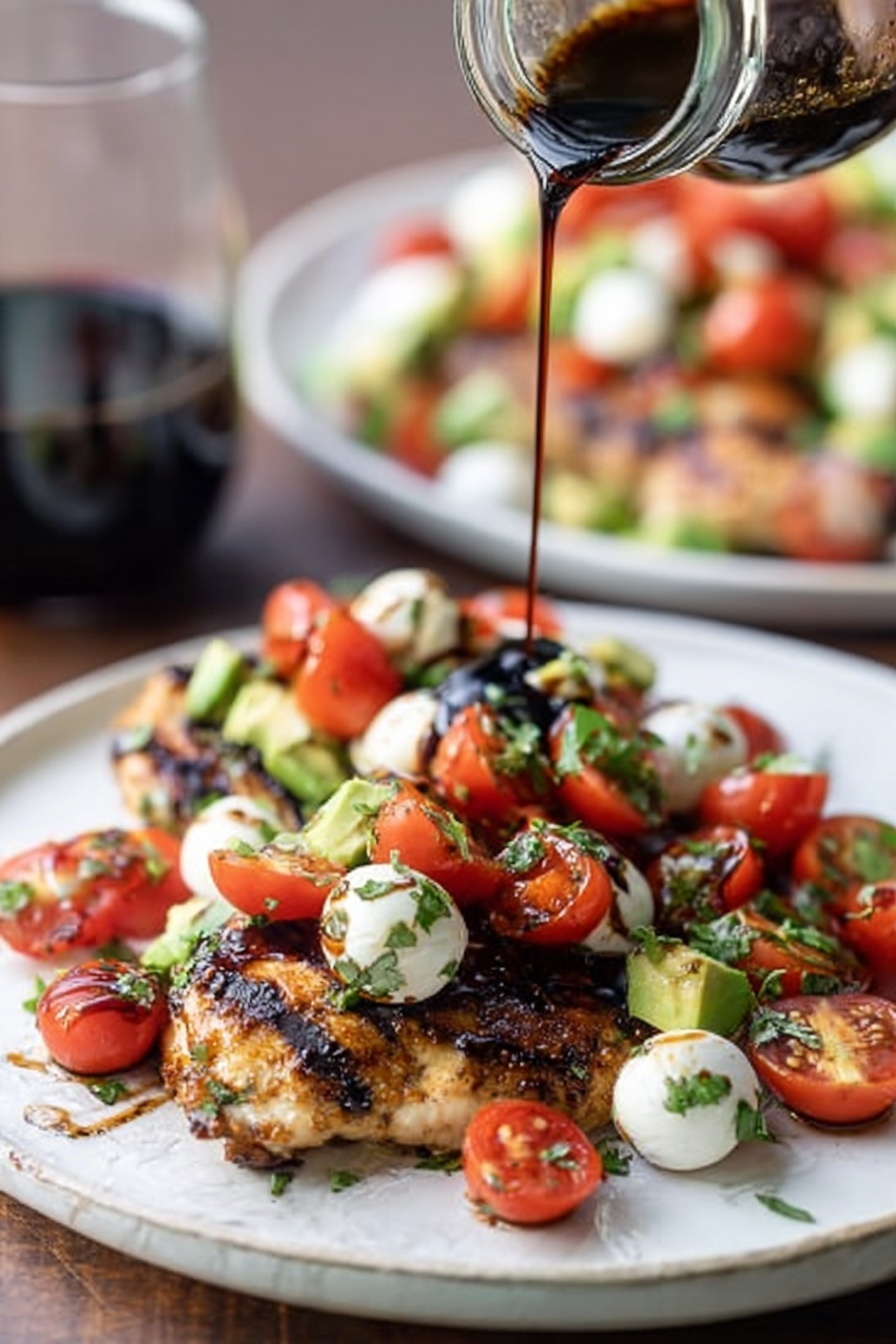A white plate sits on a white marbled surface, holding two grilled chicken pieces with dark brown grill marks. On top and around the chicken, there is a fresh mix of bright red cherry tomato halves, small white mozzarella balls, and light green avocado pieces along with finely chopped herbs. A dark balsamic glaze is being poured slowly over the chicken and toppings from a glass jar held by a woman's hand above the plate. In the background, a blurred white plate with more chicken and a white bowl of similar salad can be seen. photo taken with an iphone --ar 2:3 --v 7 - Balsamic Chicken with Caprese Salsa, Balsamic Chicken, Caprese Salsa, Easy Chicken Dinner, Elegant Quick Recipes