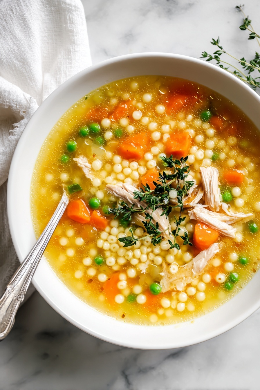 Two white bowls of thick chicken and vegetable soup sit on a white marbled surface. The soup has three main layers: a yellow broth base, mixed with light green peas, bright orange carrot slices, and small round pasta balls. Shredded white chicken pieces are scattered through the soup, adding texture, while a sprig of fresh thyme floats on top for garnish. One bowl has a silver spoon placed inside it. To the side, a white cloth and a sprig of rosemary lie on the marbled surface. Photo taken with an iphone --ar 2:3 --v 7 - Healthy Chicken Soup with Turmeric and Ginger, nourishing chicken soup, anti-inflammatory turmeric ginger soup, wholesome chicken soup recipe, comforting healthy soup
