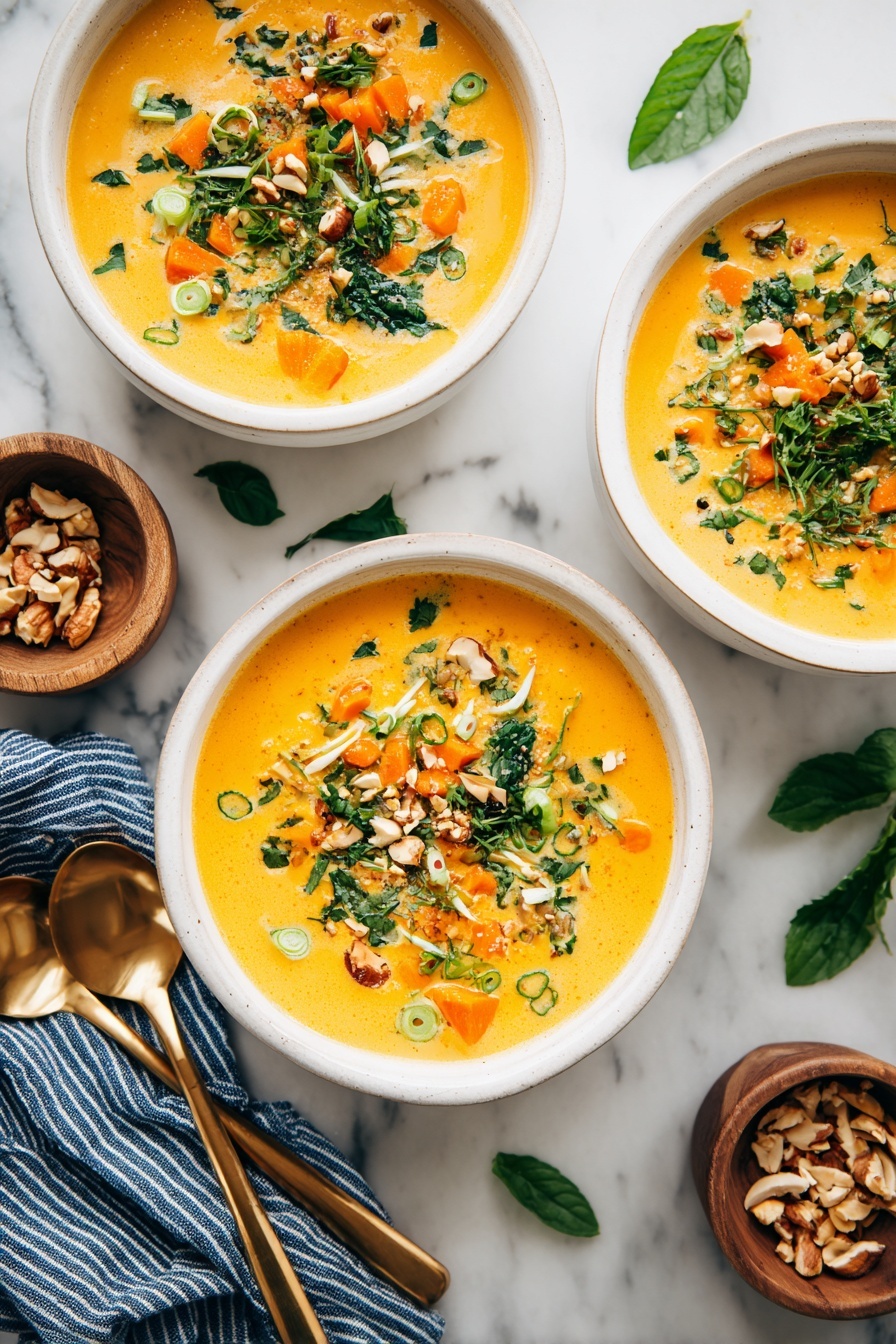 Three white bowls filled with creamy orange soup sit on a white marbled surface. The soup has visible orange carrot slices, yellow shredded pieces, and is topped with chopped green herbs and small green rings, as well as crushed nuts adding texture. Around the bowls, scattered green leaves and a small wooden bowl with nuts add detail, along with two gold spoons placed beside a blue and white striped cloth on the lower left corner. The overall scene is warm and inviting. photo taken with an iphone --ar 2:3 --v 7 - Ginger Coconut Chicken Soup with Brown Rice,healthy chicken soup with coconut milk,easy weeknight chicken soup,hearty Asian-inspired chicken soup,immune-boosting chicken and rice soup