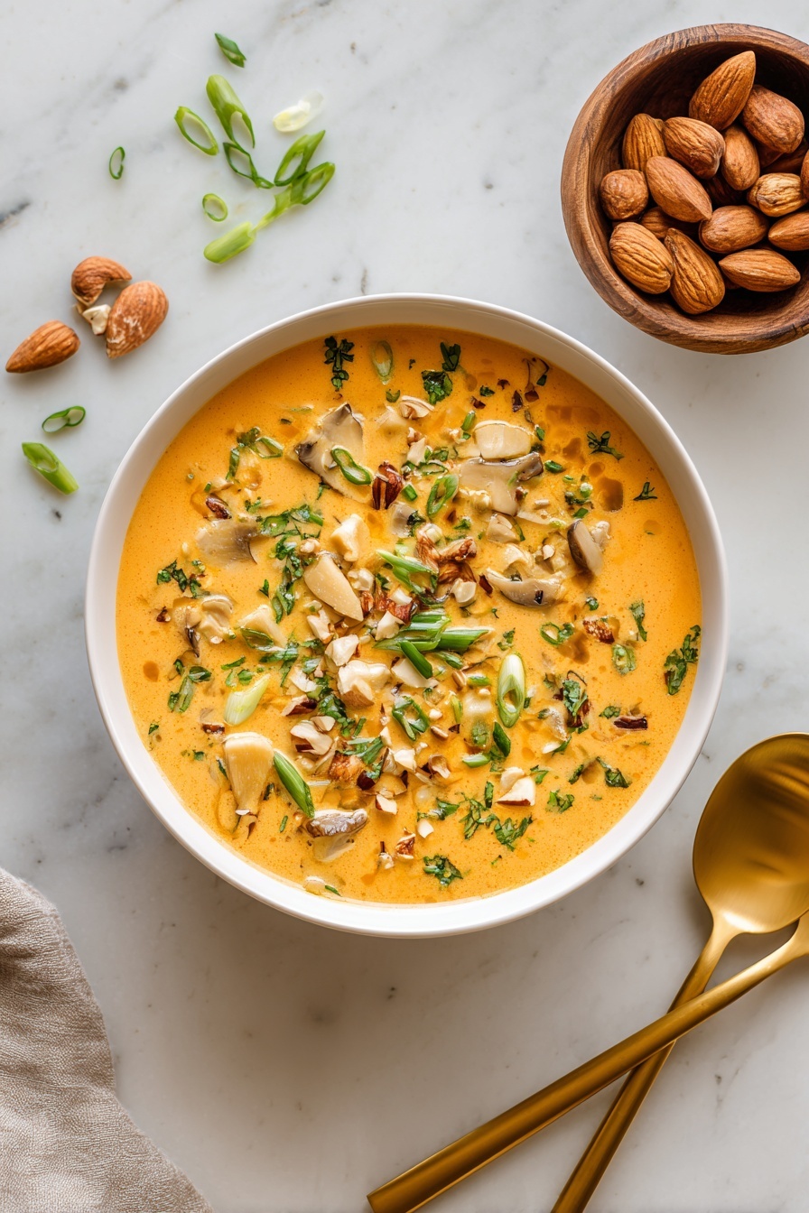 The image shows a white bowl filled with a creamy orange soup that has soft chunks of vegetables and pieces of a yellowish ingredient, likely mushrooms or chicken, spread throughout. The soup is topped with chopped green herbs, small slices of green onions, and crushed nuts, adding a fresh green and light brown color contrast on the smooth surface. Around the bowl, there are two golden spoons placed diagonally on a white marbled texture surface, with a wooden bowl nearby holding some nuts. The overall feel is warm and fresh with vibrant colors against a calm white background. photo taken with an iphone --ar 2:3 --v 7 - Ginger Coconut Chicken Soup with Brown Rice,healthy chicken soup with coconut milk,easy weeknight chicken soup,hearty Asian-inspired chicken soup,immune-boosting chicken and rice soup