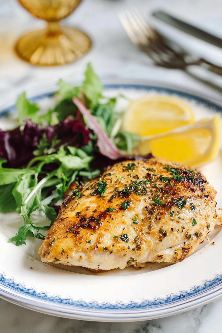 A cooked chicken piece with a golden brown grilled top layer sprinkled with chopped green herbs sits on the right side of a white plate with a thin blue rim, showing a slightly shiny and textured surface. On the left side of the plate, there is a small salad made of mixed green and reddish fresh leaves with visible veining and a crisp texture. Behind the chicken piece, two bright yellow lemon wedge slices add a fresh contrast. The plate is placed on a white marbled surface with a blurred gold-colored glass in the background and a woman's hand holding a fork and knife near the top left. Photo taken with an iphone --ar 2:3 --v 7 - Stuffed Chicken Breast with Mushrooms and Goat Cheese, stuffed chicken breast, mushroom and goat cheese chicken, elegant chicken dinner ideas, easy stuffed chicken recipes