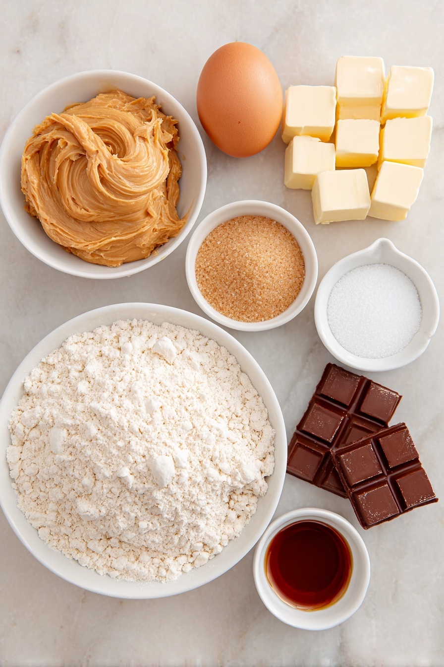 Flat lay of a small mound of creamy peanut butter, a few cubes of unsalted butter at room temperature, a neat pile of light brown sugar, a small heap of granulated sugar, a small bowl of all-purpose flour mixed with visible kosher salt, baking soda, and baking powder, one large whole egg with a clean shell, a few mini unwrapped peanut butter cups arranged neatly, and a small white ceramic bowl of vanilla extract placed on a clean white marble surface, soft natural light, photo taken with an iPhone, professional food photography style, fresh ingredients, white ceramic bowls, no bottles, no duplicates, no utensils, no packaging --ar 2:3 --v 7 --p m7354615311229779997 - Peanut Butter Cup Cookies, chocolate peanut butter cookies, chewy cookie recipes, easy cookie recipes, peanut butter desserts