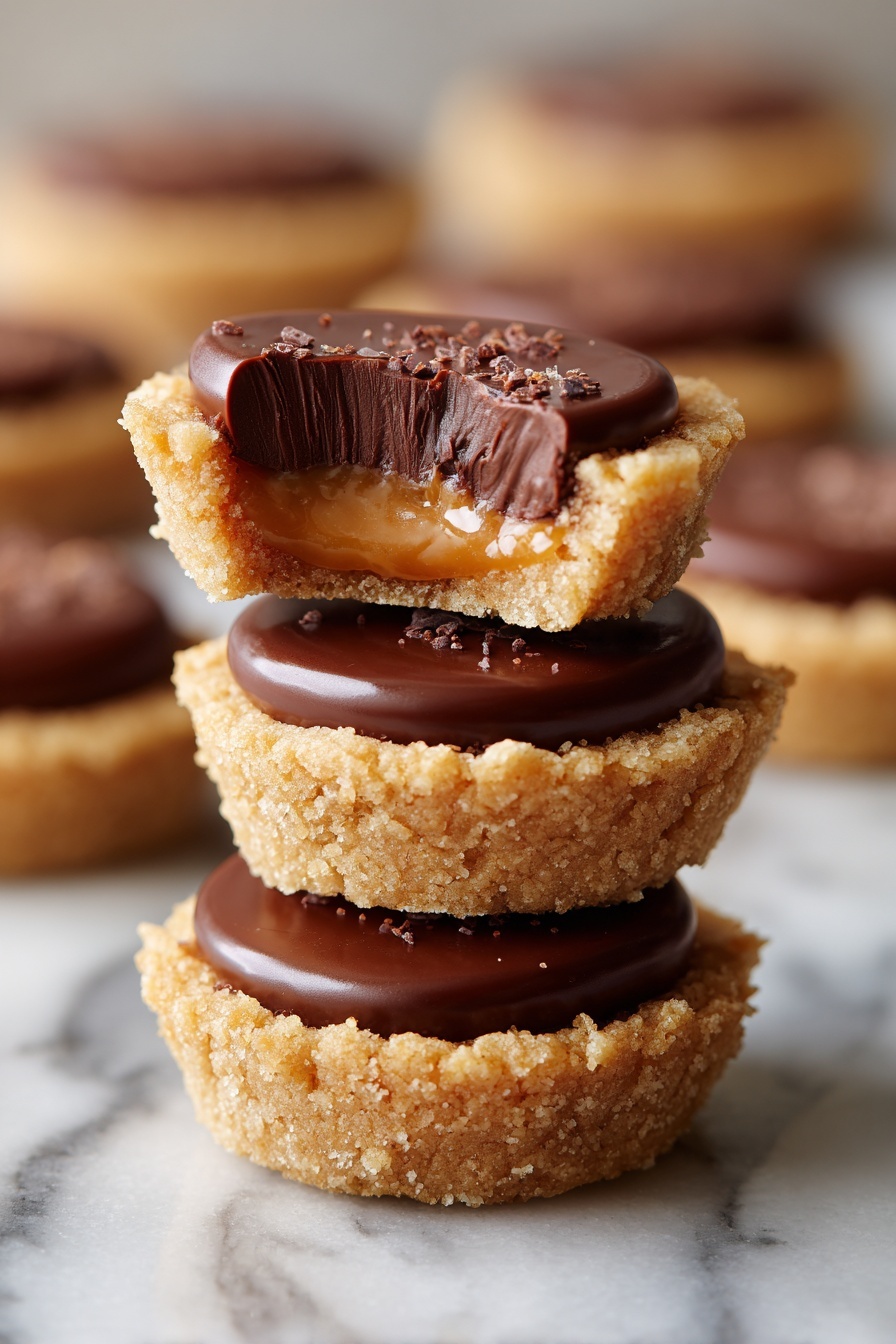 A stack of three small round peanut butter cups with crumbly light brown cookie bases and smooth, shiny milk chocolate centers, the top cup broken in half showing a creamy chocolate filling, all placed on a white marbled surface with blurred similar cups in the background. photo taken with an iphone --ar 2:3 --v 7 - Peanut Butter Cup Cookies, chocolate peanut butter cookies, chewy cookie recipes, easy cookie recipes, peanut butter desserts