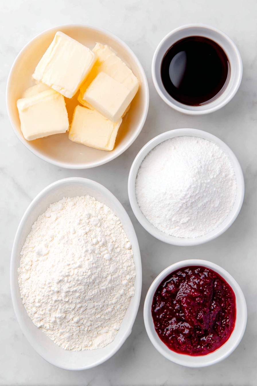 Flat lay of a few large chunks of pale yellow softened butter, a small white ceramic bowl filled with fine white icing sugar, a small white ceramic bowl holding a mound of plain white flour, a small white ceramic bowl containing fine white corn flour (corn starch), a small white ceramic bowl with smooth vanilla extract liquid, and a small white ceramic bowl filled with vibrant red seedless raspberry jam, all arranged symmetrically and naturally on a clean white marble surface, soft natural light, photo taken with an iPhone, professional food photography style, fresh ingredients, white ceramic bowls, no bottles, no duplicates, no utensils, no packaging --ar 2:3 --v 7 --p m7354615311229779997 - Viennese Whirls with Jam and Vanilla Buttercream, Viennese Whirls, butter cookies with jam and cream, elegant biscuit recipes, afternoon tea treats