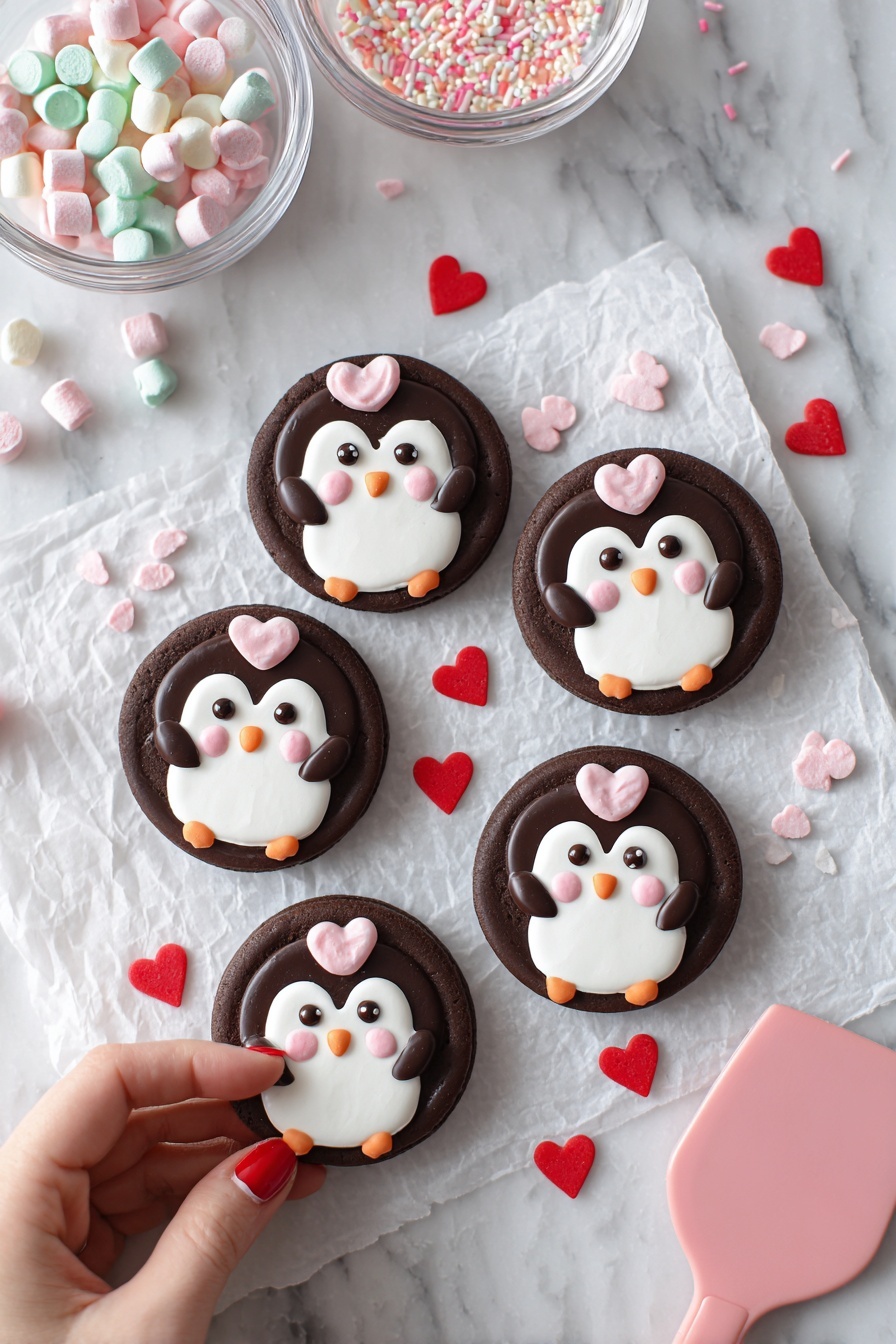 A round, dark brown chocolate cookie base is held by a woman's hand with red nail polish, with a second identical cookie showing a cute penguin design in the background. The penguin features three layers: the first is a smooth white area shaped like the penguin’s body, sparkling with sugar crystals. The second layer includes dark brown wings placed on each side of the body. The third layer has small details: two black circular eyes, a pink heart-shaped blush on each cheek, a pale orange beak near the center, and two matching pale orange feet at the bottom. The whole scene is set on a soft white marbled surface with some blurred cookies and a pink cup with a red heart in the background. Photo taken with an iphone --ar 2:3 --v 7 - Chocolate Penguin Cookies, cute chocolate cookies, festive holiday treats, soft chocolate cookies recipe, easy decorated cookies