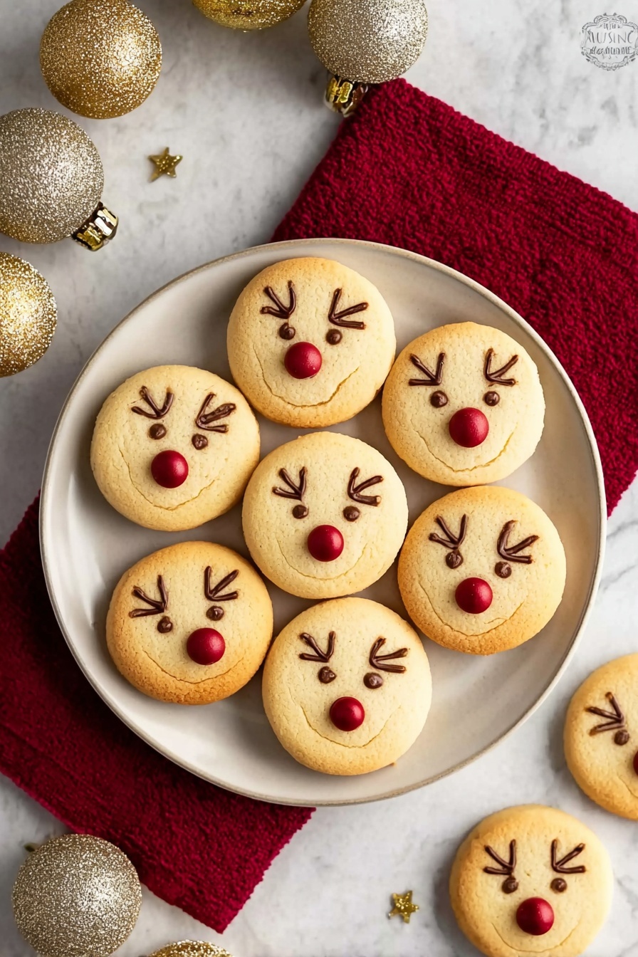 A white plate holds seven round, light golden brown cookies decorated to look like reindeer faces. Each cookie has a red candy nose placed in the center near the bottom, and simple brown lines drawn above the nose to resemble antlers. The plate is placed on a red cloth, with part of the cloth resting on a white marbled surface. Around the plate, there are gold and sparkly gold Christmas ornaments scattered, along with two additional reindeer cookies on the surface. Photo taken with an iphone --ar 2:3 --v 7 - Reindeer Cookies Without Jam, festive holiday cookies, chocolate Christmas cookies, easy Christmas cookies, adorable reindeer treat