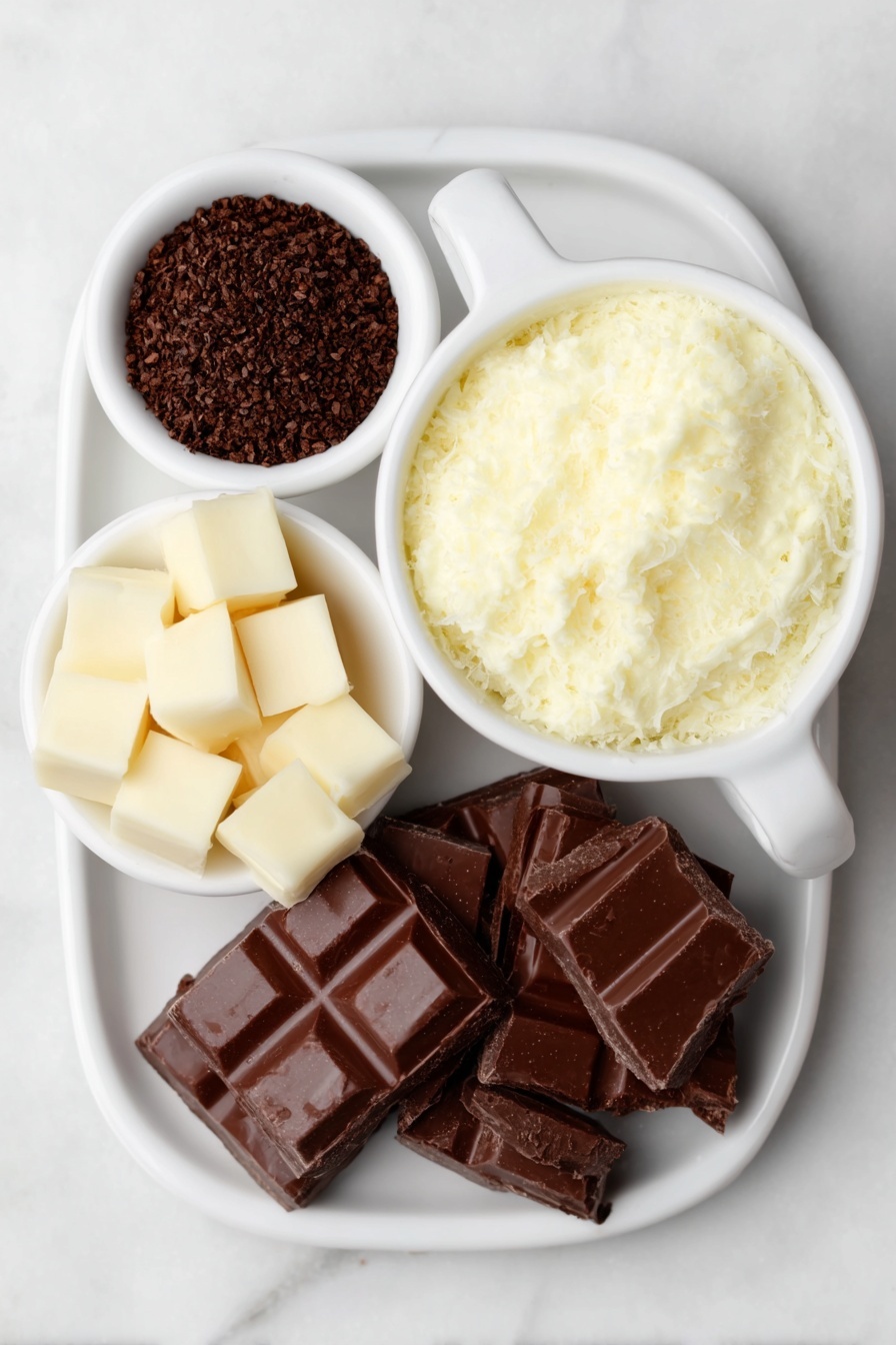 Flat lay of a small white ceramic bowl filled with thickened cream, finely chopped pieces of dark cooking chocolate scattered next to a small white ceramic bowl holding fine instant coffee granules, and irregular chunks of milk cooking chocolate arranged neatly on a simple white ceramic plate, placed on a clean white marble surface, soft natural light, photo taken with an iPhone, professional food photography style, fresh ingredients, white ceramic bowls, no bottles, no duplicates, no utensils, no packaging --ar 2:3 --v 7 --p m7354615311229779997 - Delicious Coffee Chocolate Truffles, coffee chocolate truffles, easy chocolate truffles, coffee-flavored desserts, gourmet chocolate treats